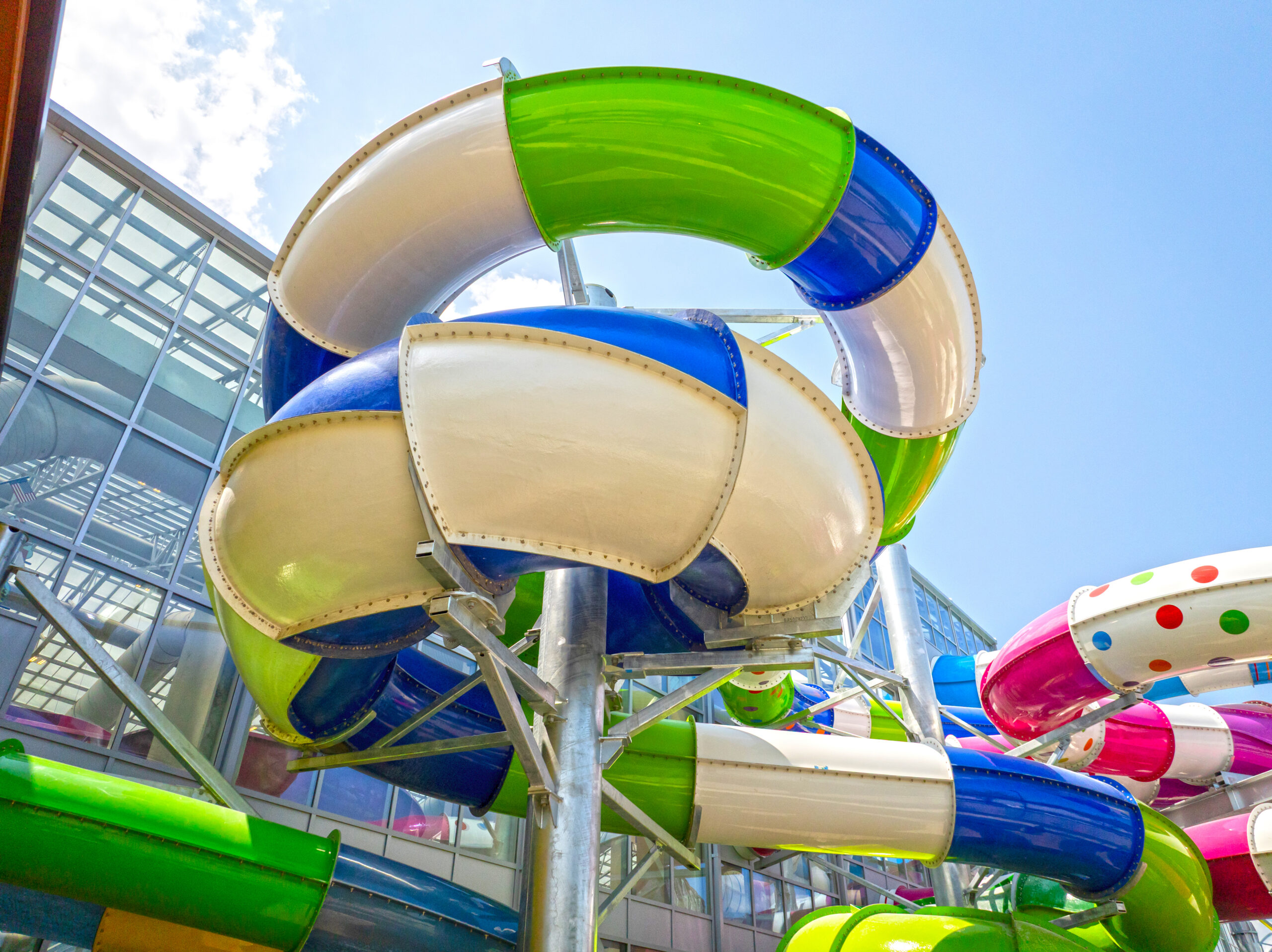 Water slides protruding outside a water park building