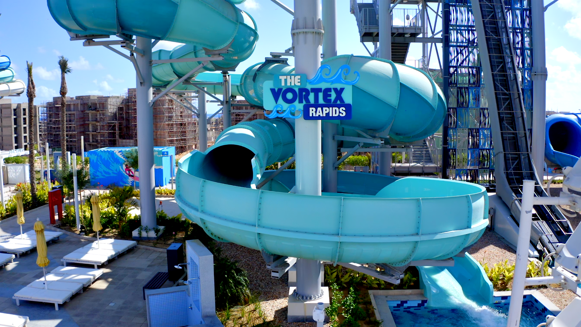 Blue water slide flumes