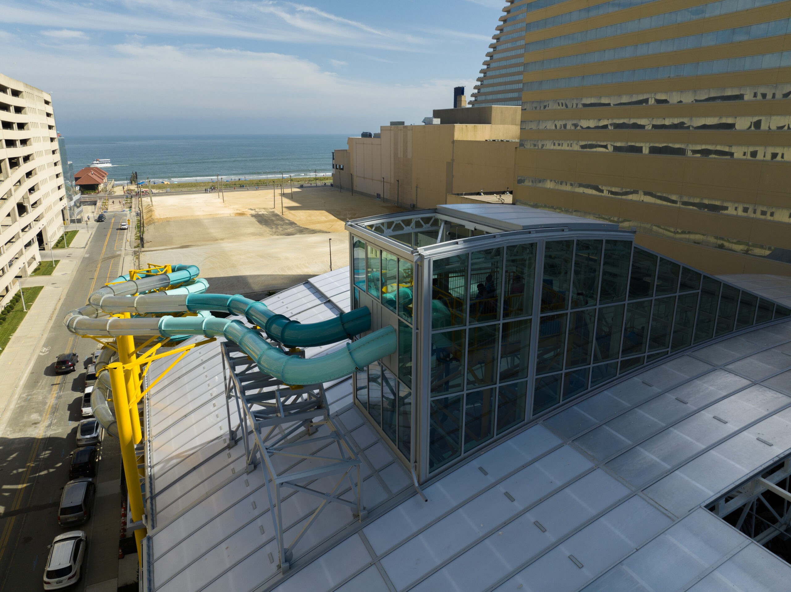 Water slides protruding outside the water park building