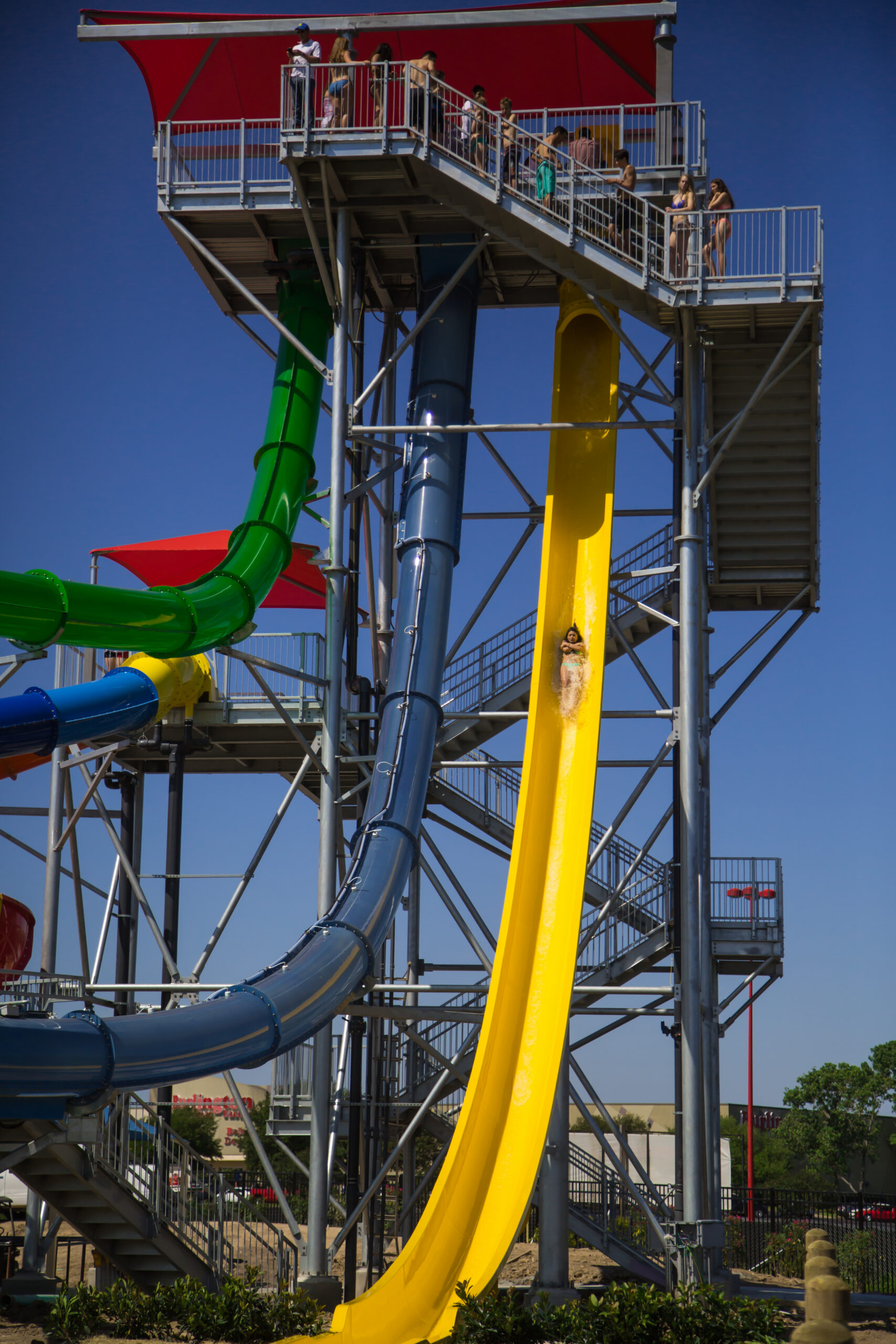 A tower with three high-thrill water slides