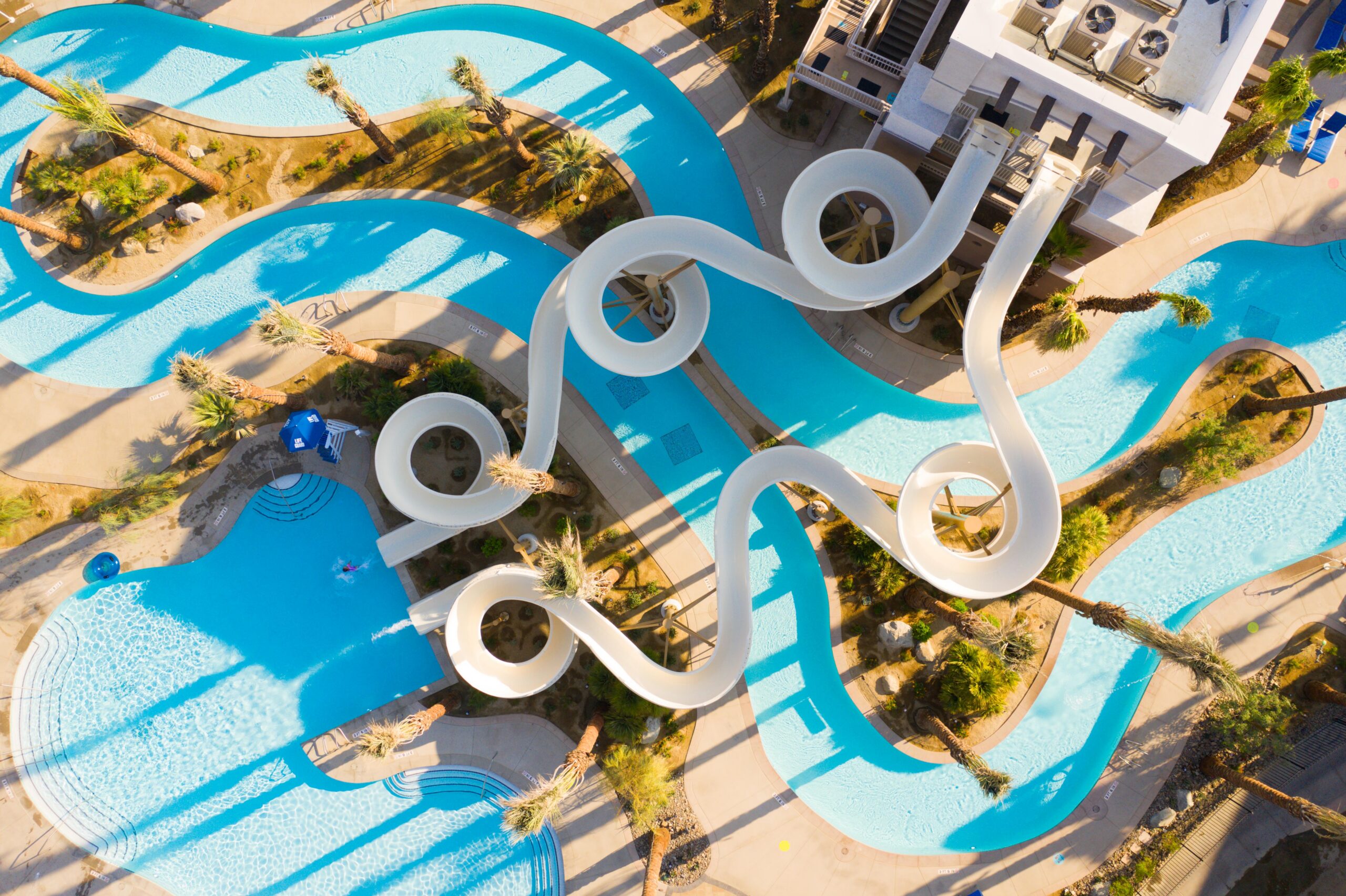 View from above of two white water slides