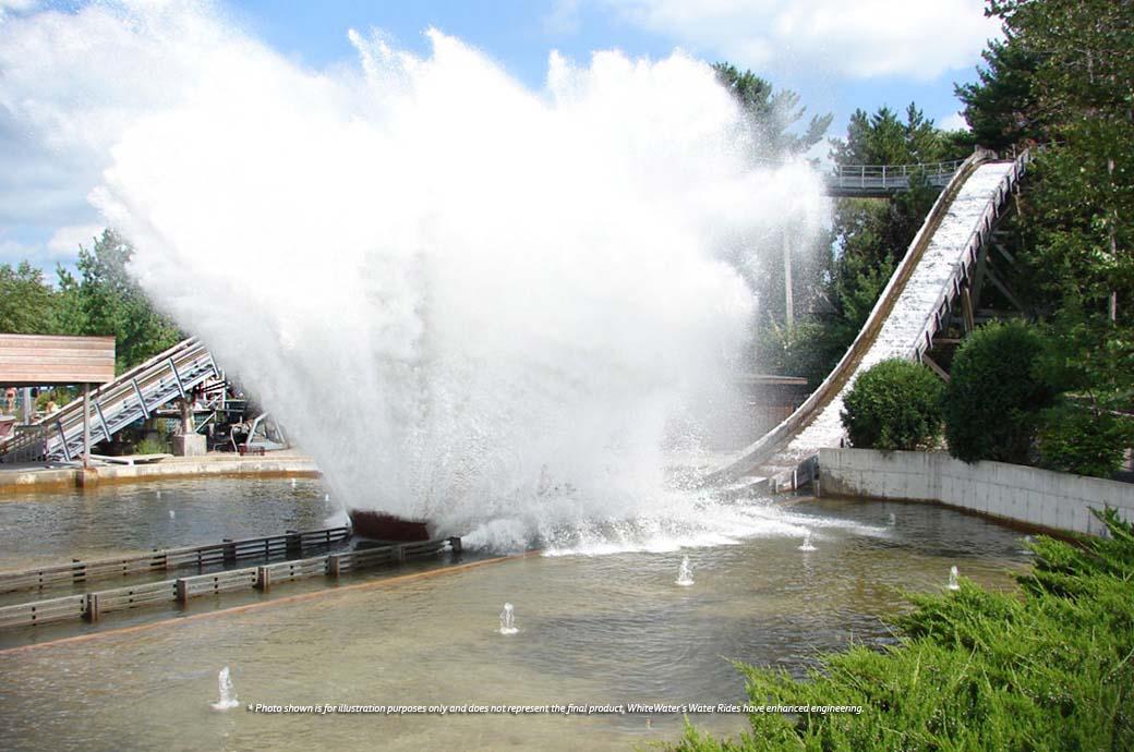 The boat splashed a lot of water when it came down the water slides