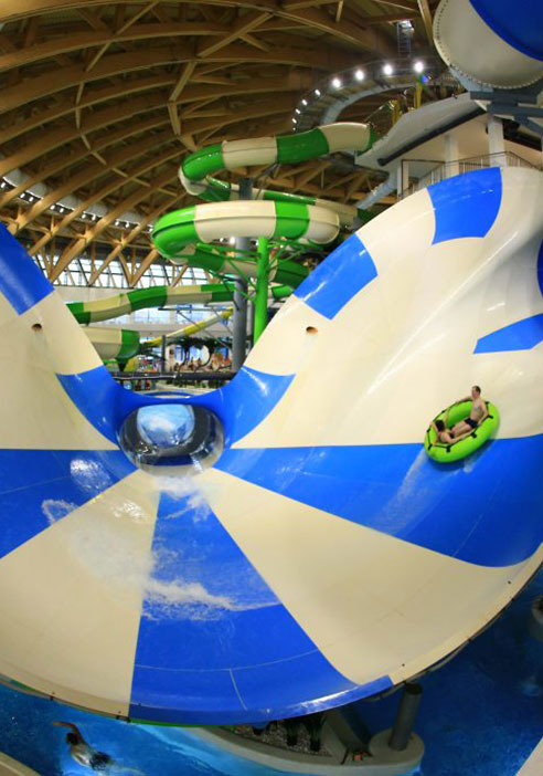 A raft on a Manta water slide indoor