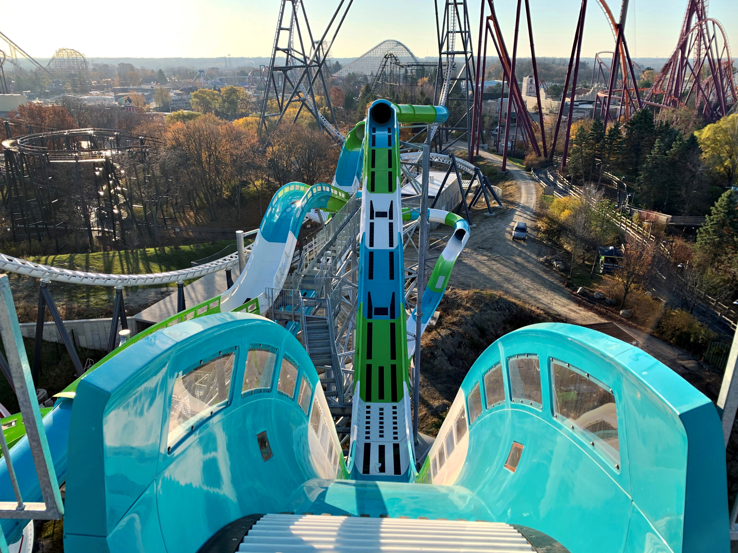 Start view looking down at Tsunami Surge water coaster