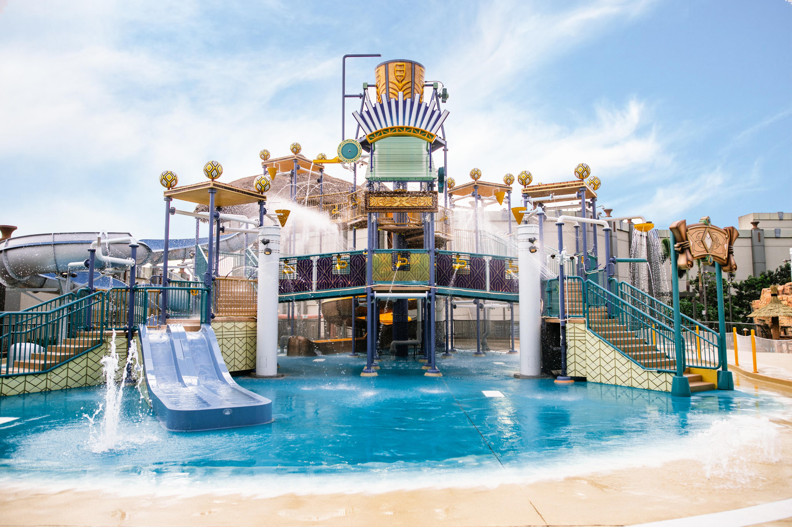 Golden Bucket AquaPlay water play structure at Studio City Water Park