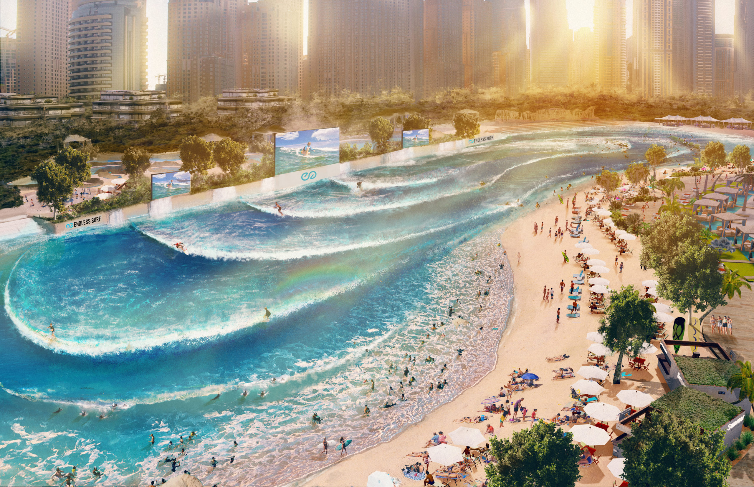 Rendering of large surf park with beach
