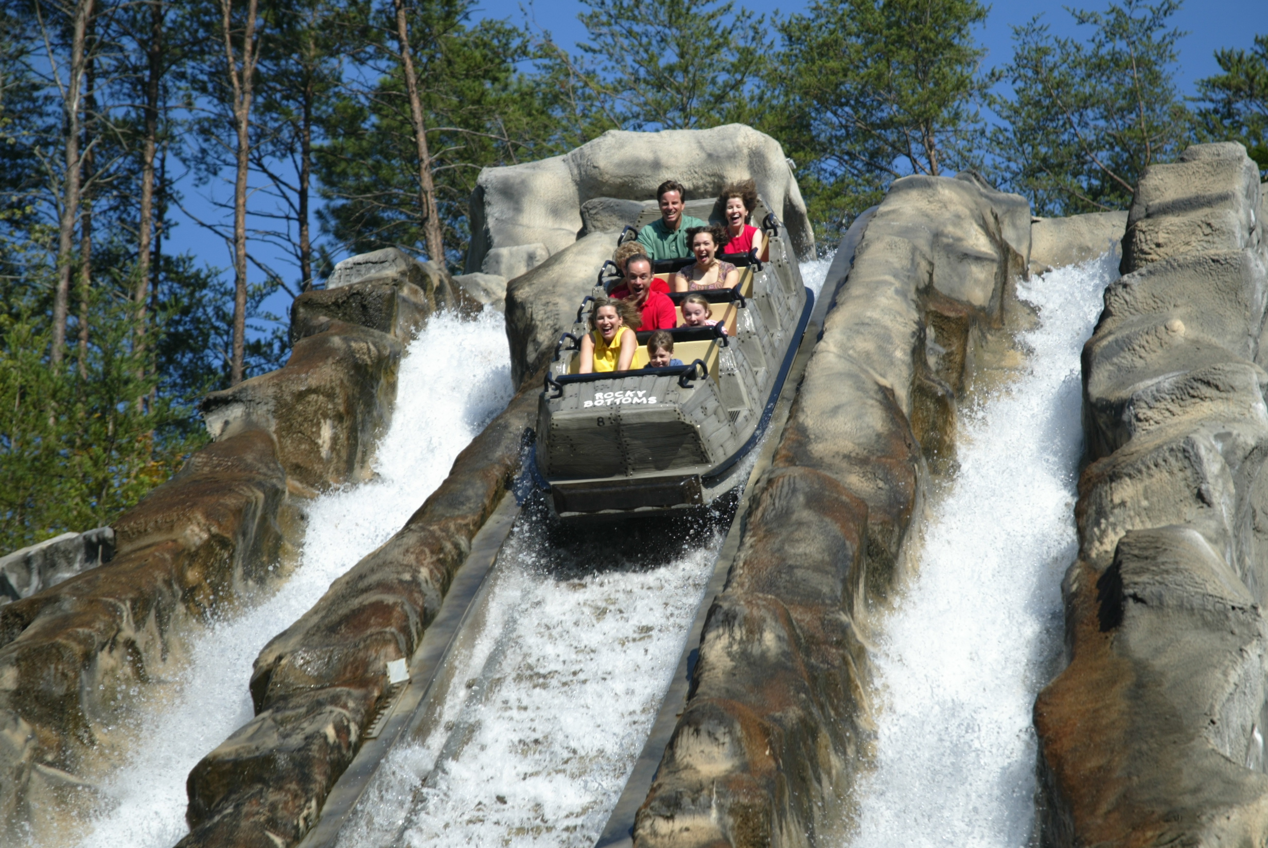 Super Flume boat at the top of the drop