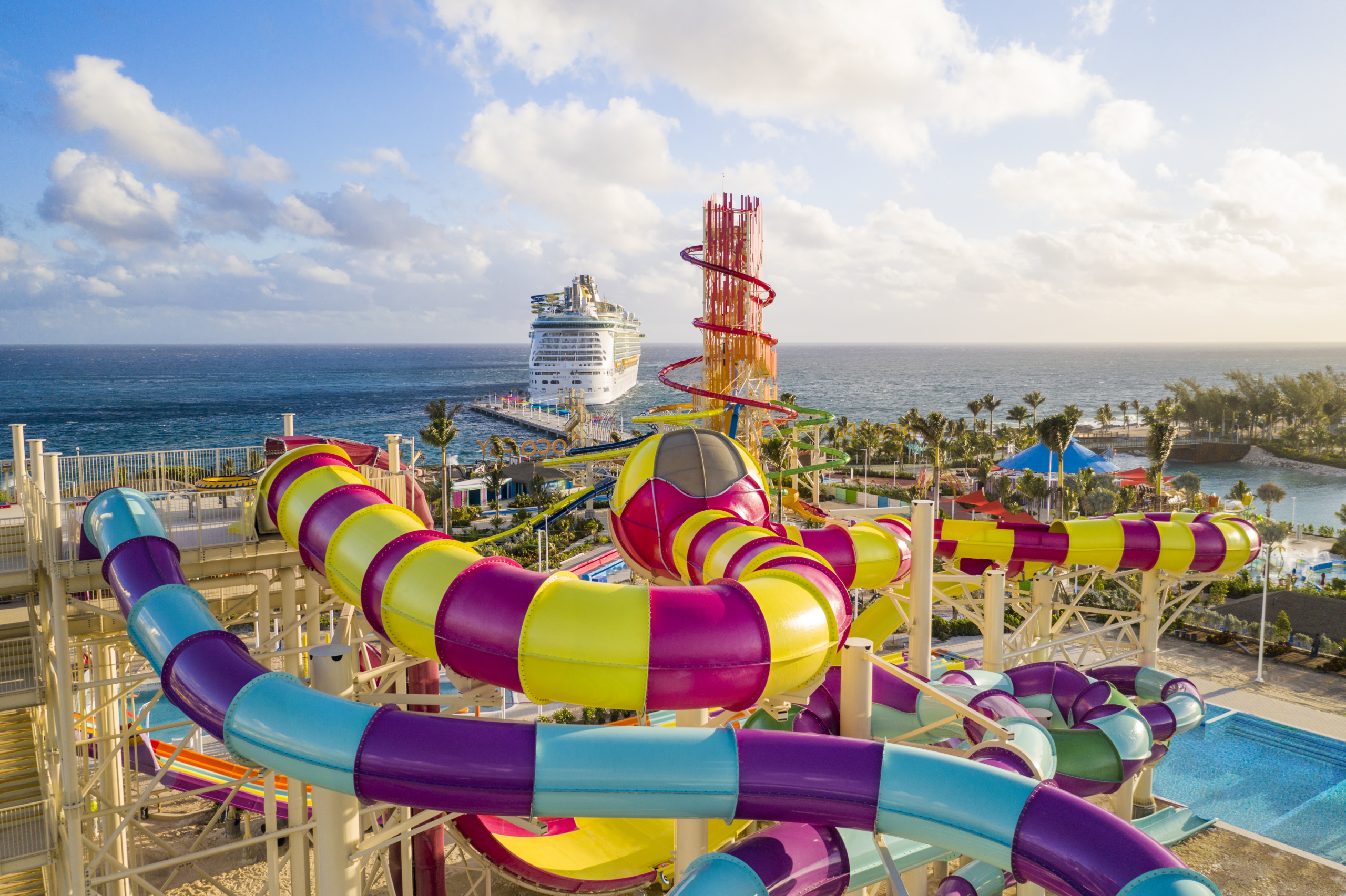 View of Thrill Waterpark with a Royal Caribbean Cruise Line ship in the background at CocoCay Island in The Bahamas