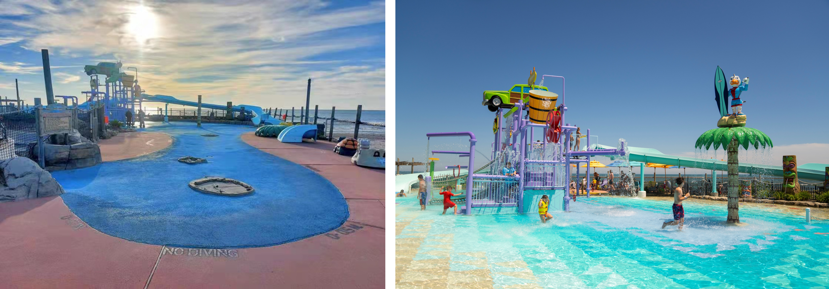 Comparison picture before and after new flooring system addition at water park