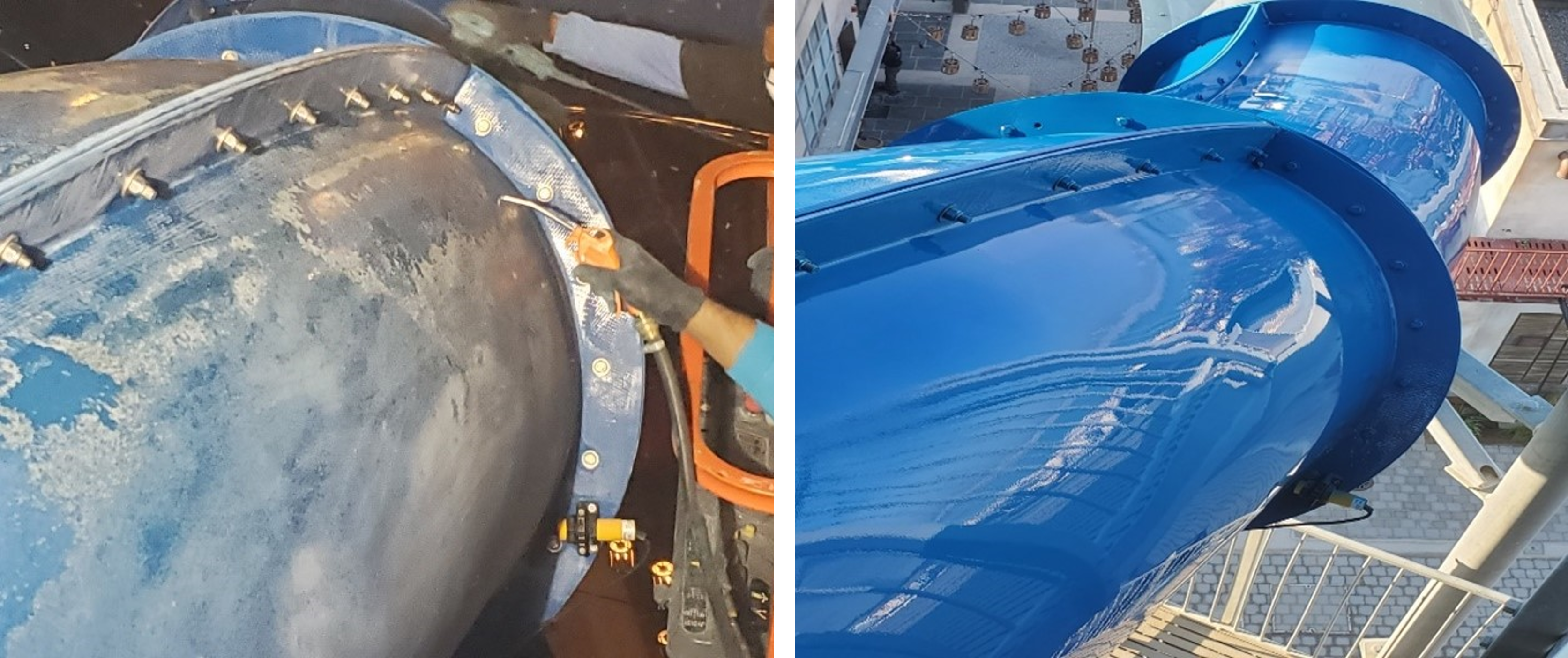 Old blue water slide compared to refurbished shiny water slide