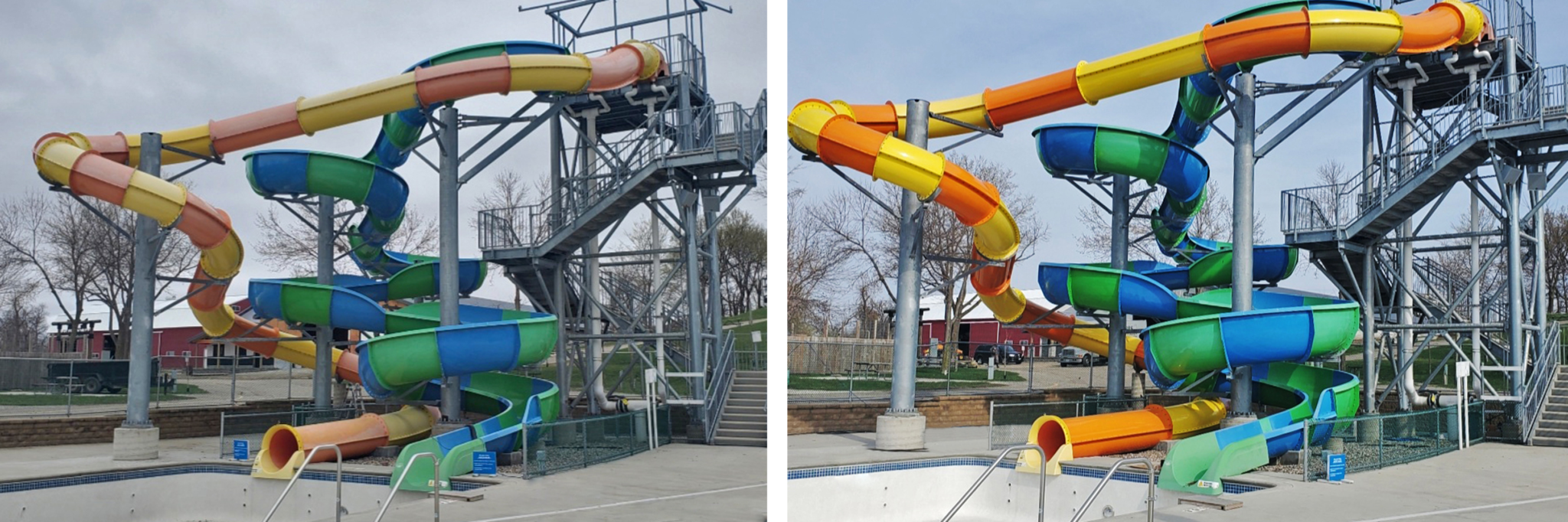 One yellow and orange water slide, one blue and green water slide, before and after refurbishment
