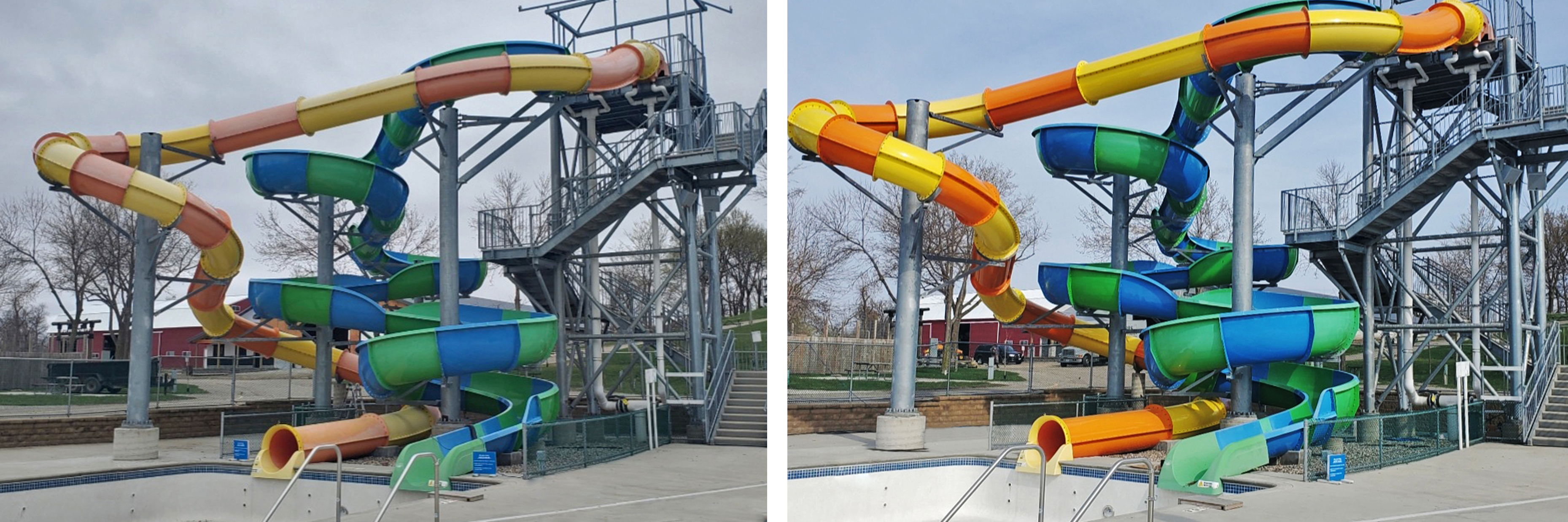 One yellow and orange water slide, one blue and green water slide, before and after refurbishment
