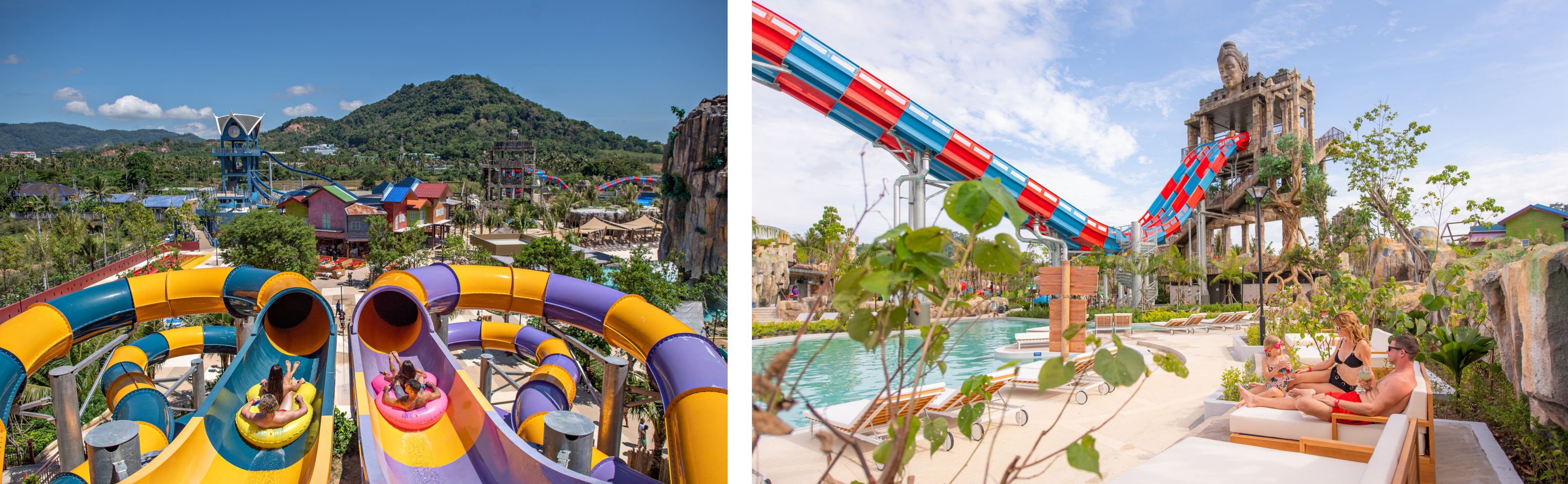 Water slide tower and water park with Thai theming
