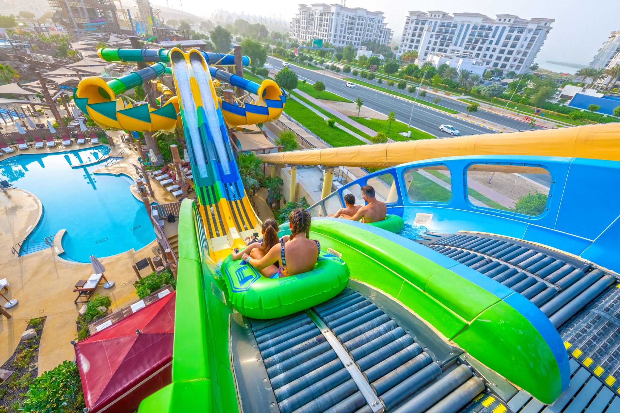 Side-by-side racing water coaster view from top of water slide