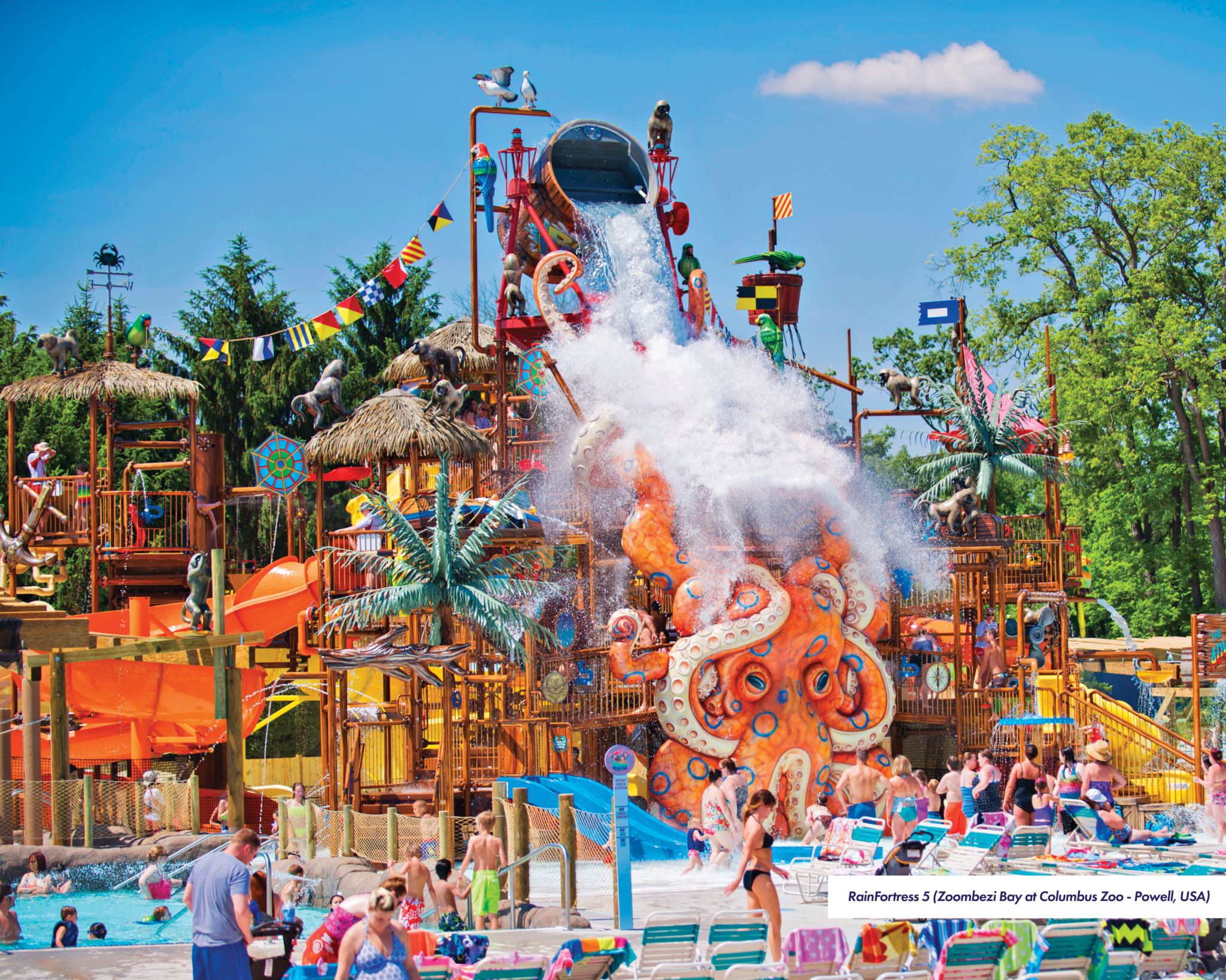 Aquatic play structure with tipping bucket and themed with octopus