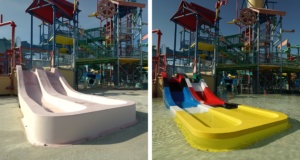 Side-by-side comparison of water slide before and after refurbishment