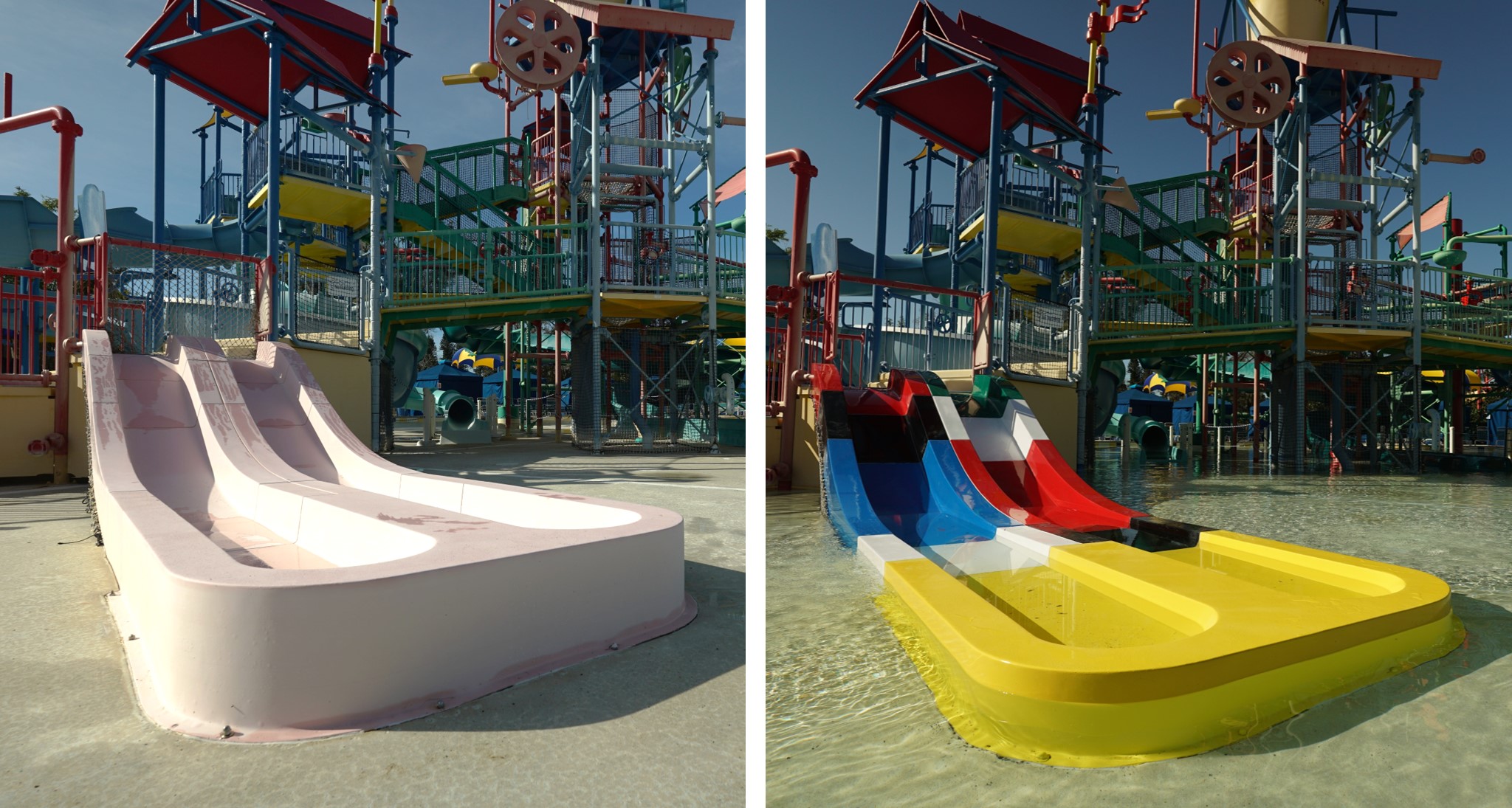 Side-by-side comparison of water slide before and after refurbishment