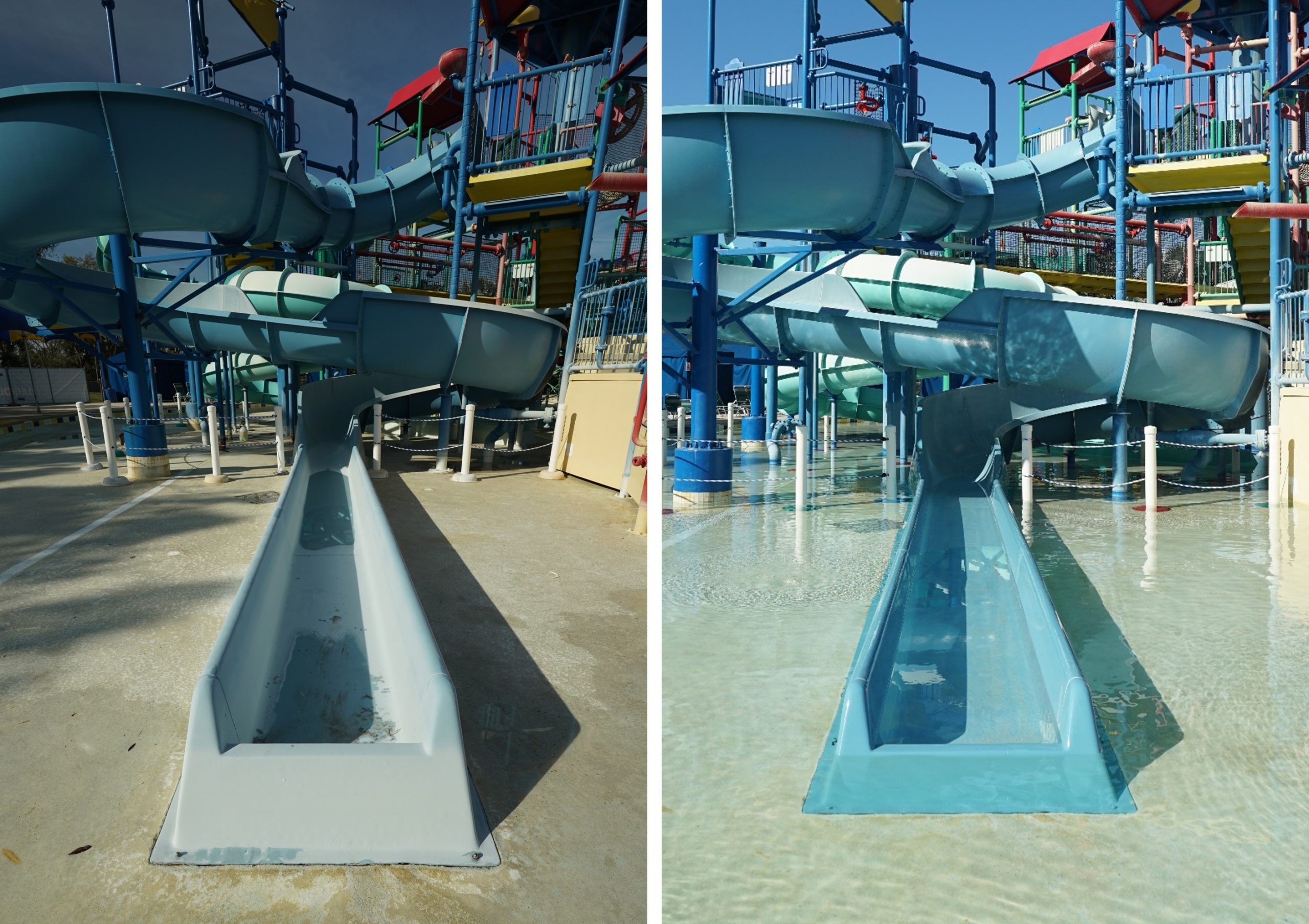 Blue water slide refurbishment before and after comparison