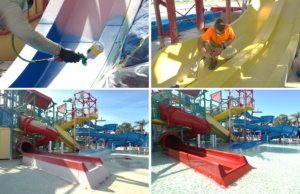 Workers are repainting and polishing the slide carefully. Below is a comparison of the red water slide refurbishment before and after.