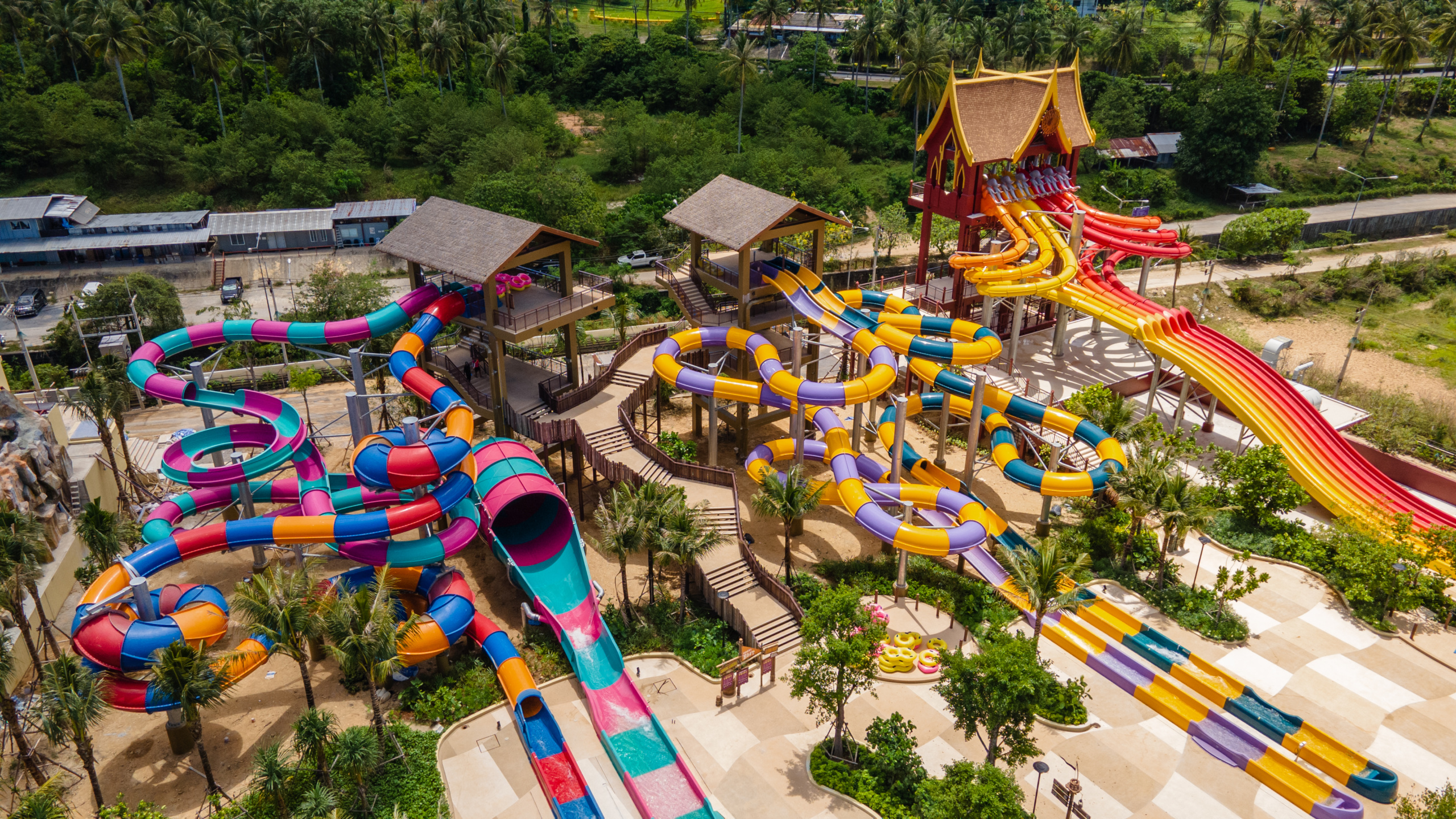 bird's eye view of water park with water slide towers