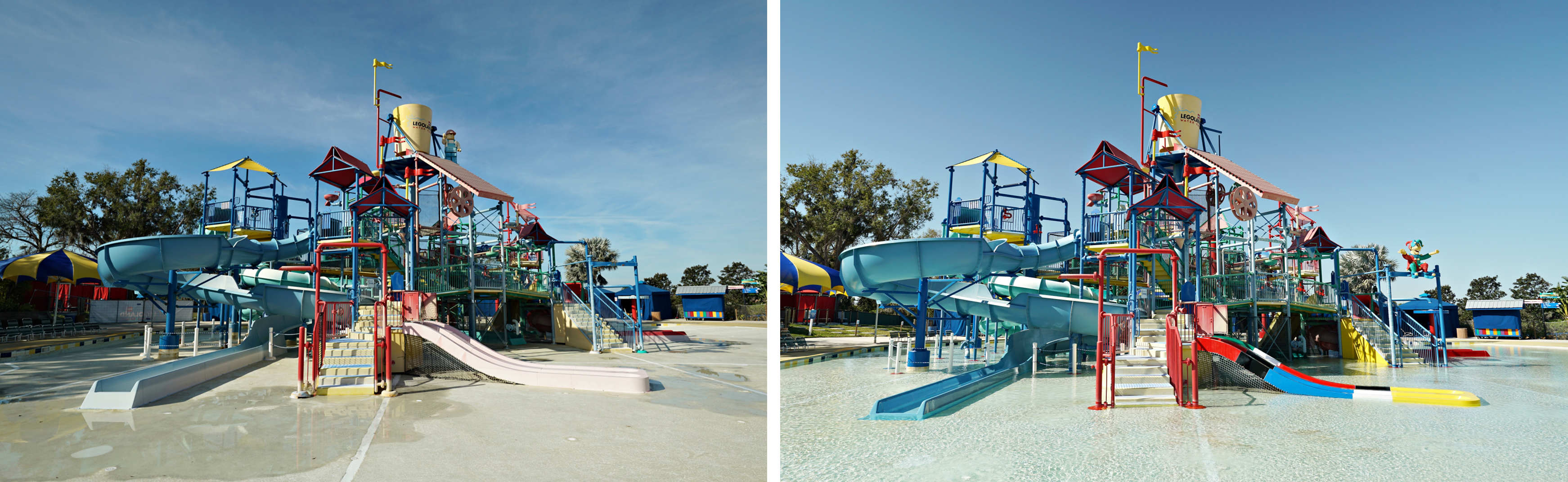 Aquatic play structure before and after slide refurbishment