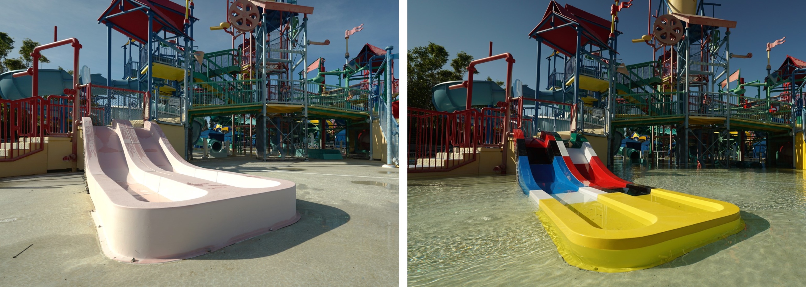 Children's multi-lane water slide restoration before and after comparison