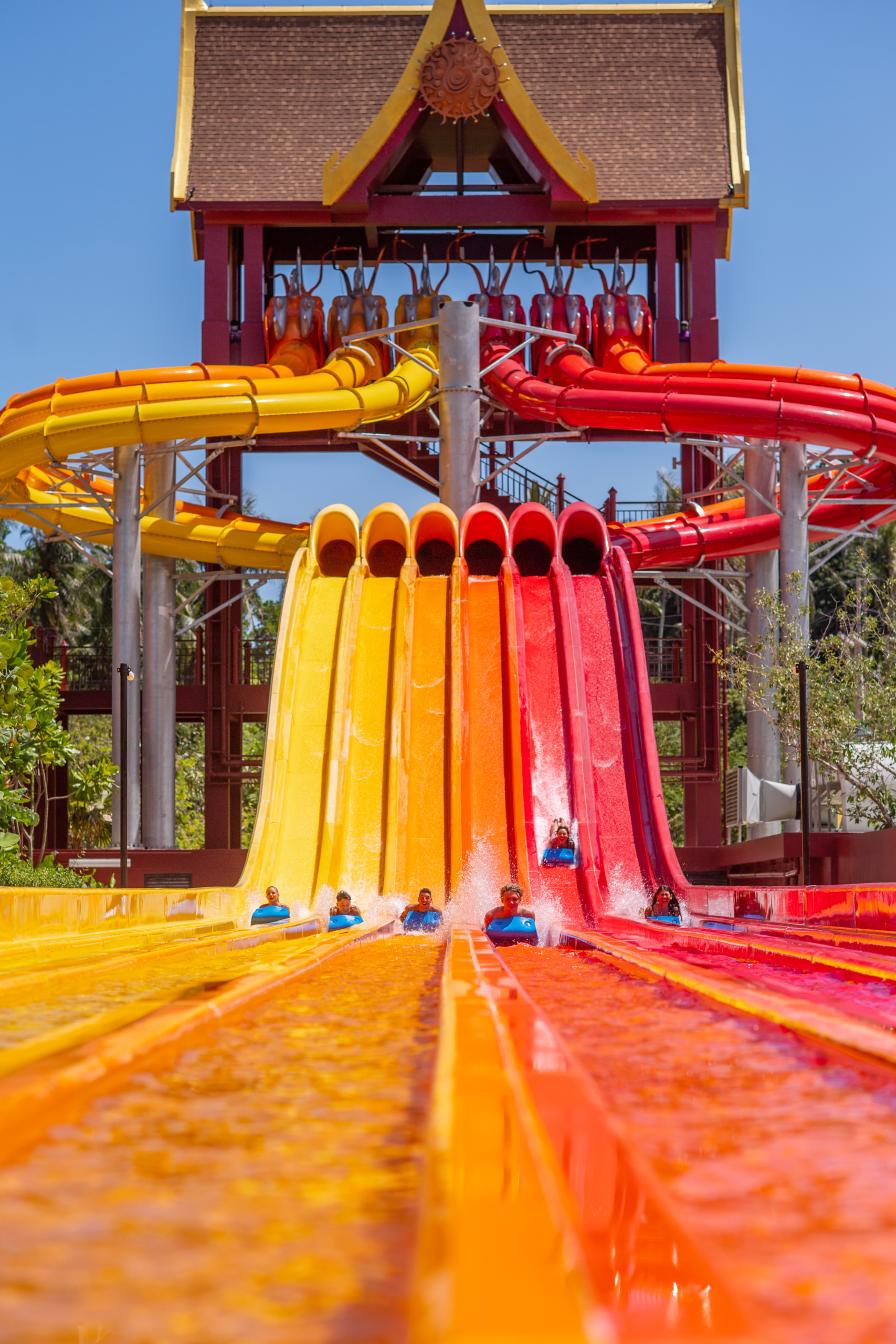 red, orange, yellow six-lane mat racer