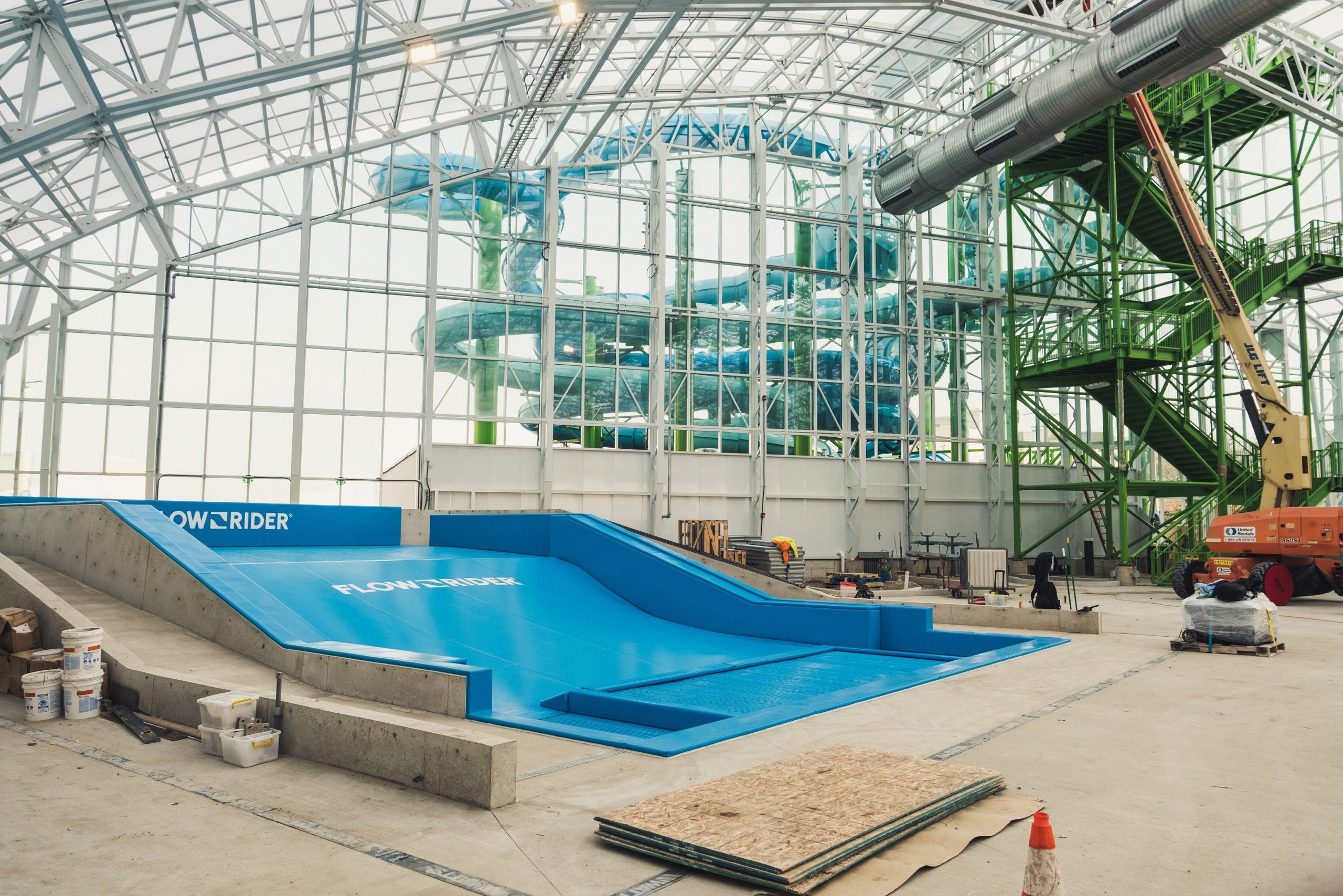 FlowRider surf machine at indoor water park construction site