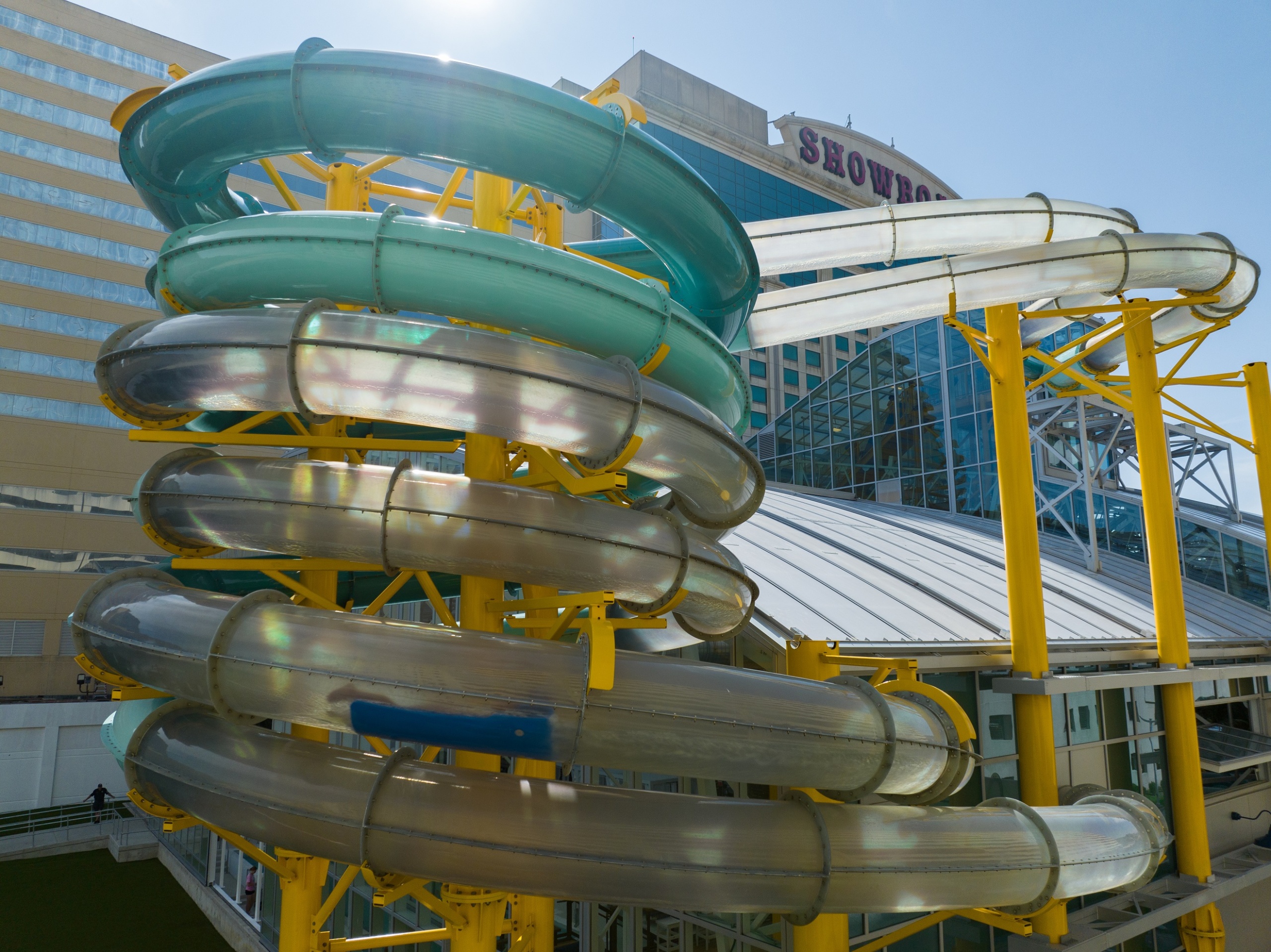 Water slides protruding outside a building