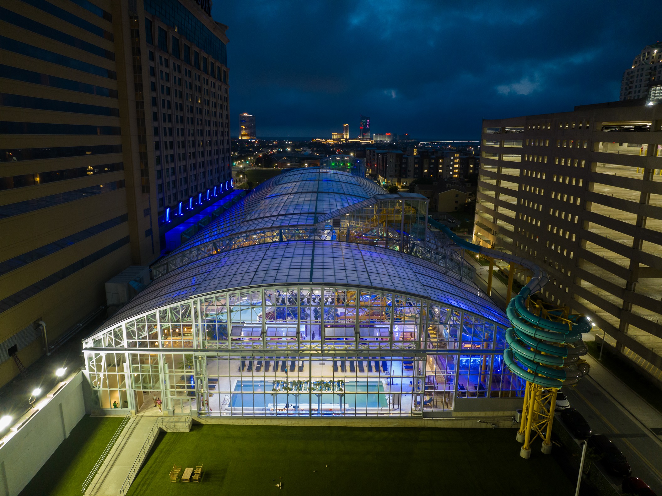 Overview of indoor water park at night