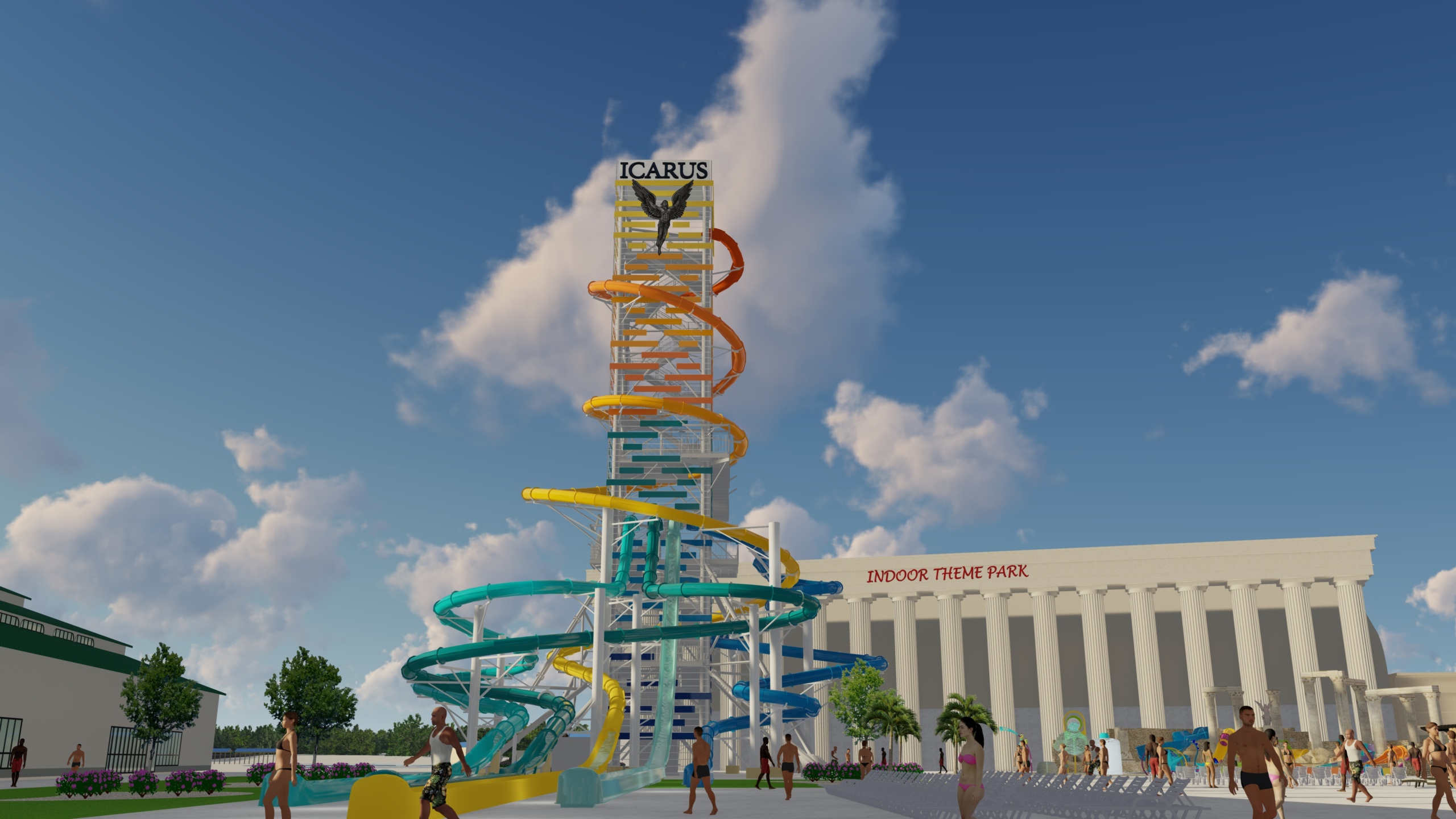 Tower at water park with body slides