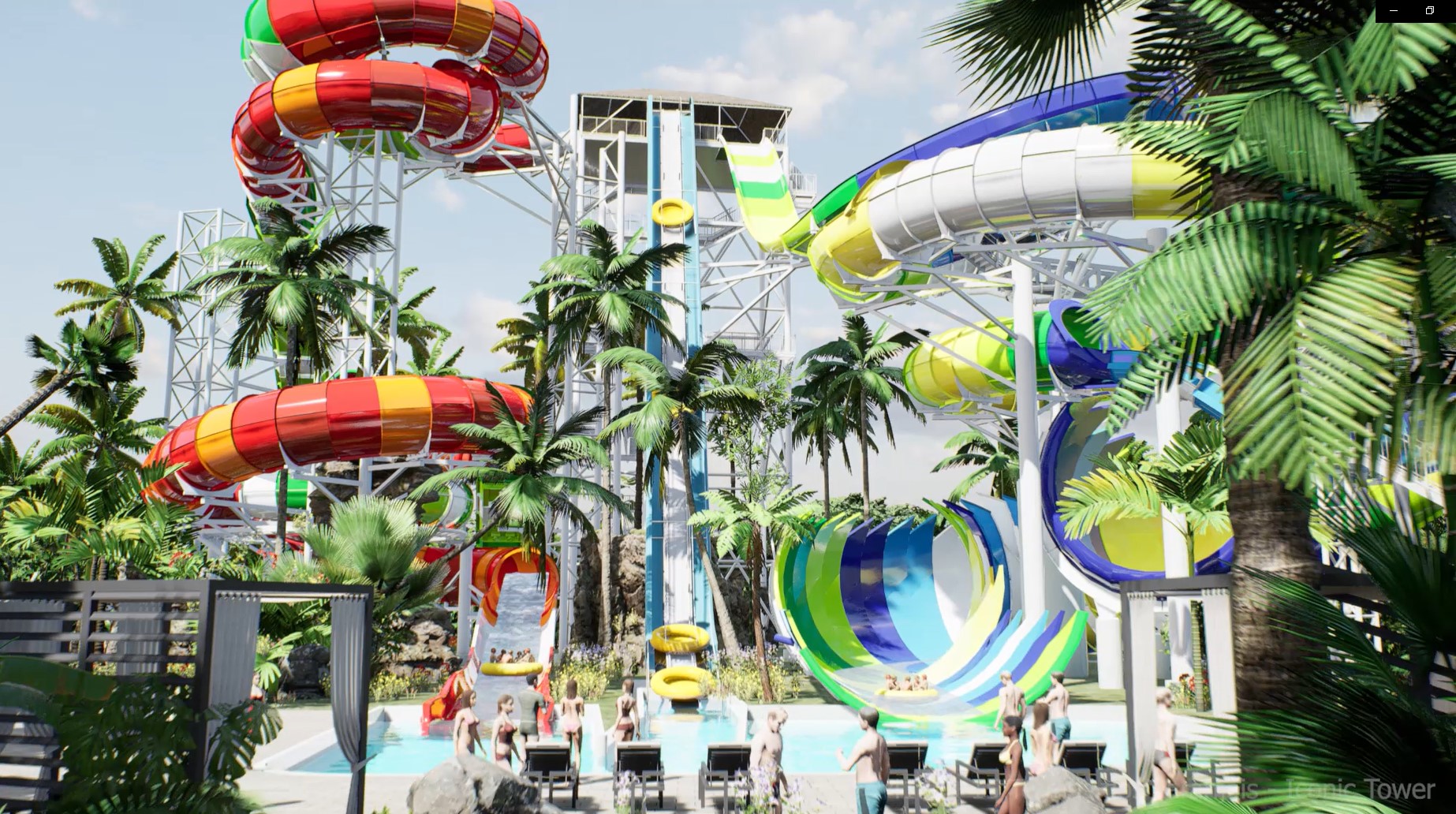 Water slide tower with two 6-person raft rides
