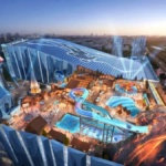 Render of an indoor ski hall adjacent to water park