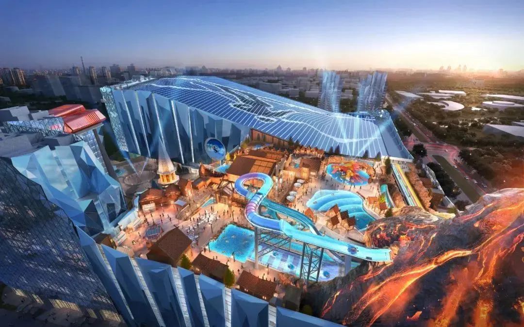 Render of an indoor ski hall adjacent to water park