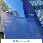 A piece of fiberglass before and after buffing and polishing comparison