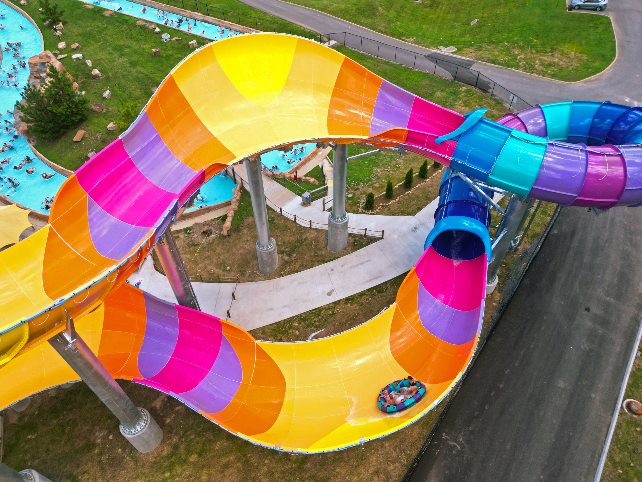 Overhead shot of a raft on a Wall Runner water slide