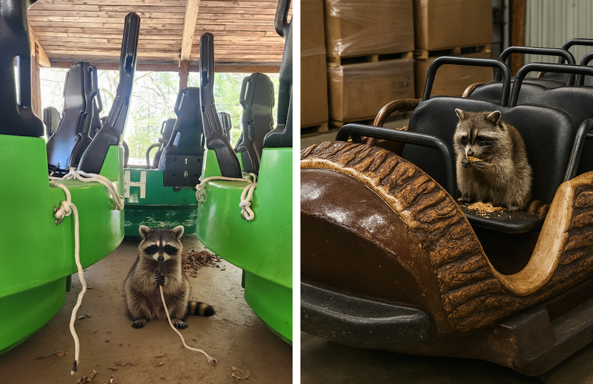 Raccoon chewing on things and eating in a water ride vehicle