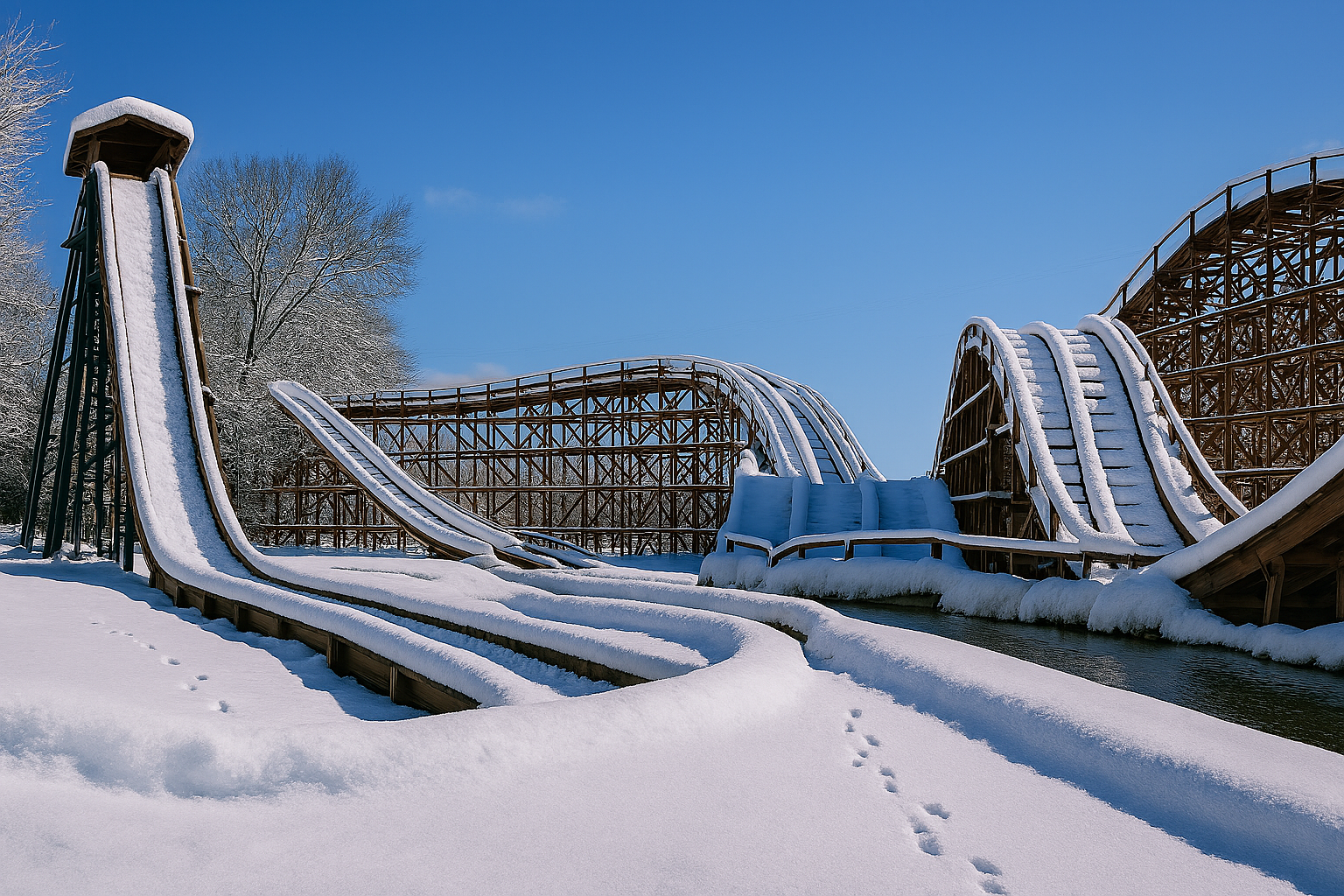 Water ride covered in snow