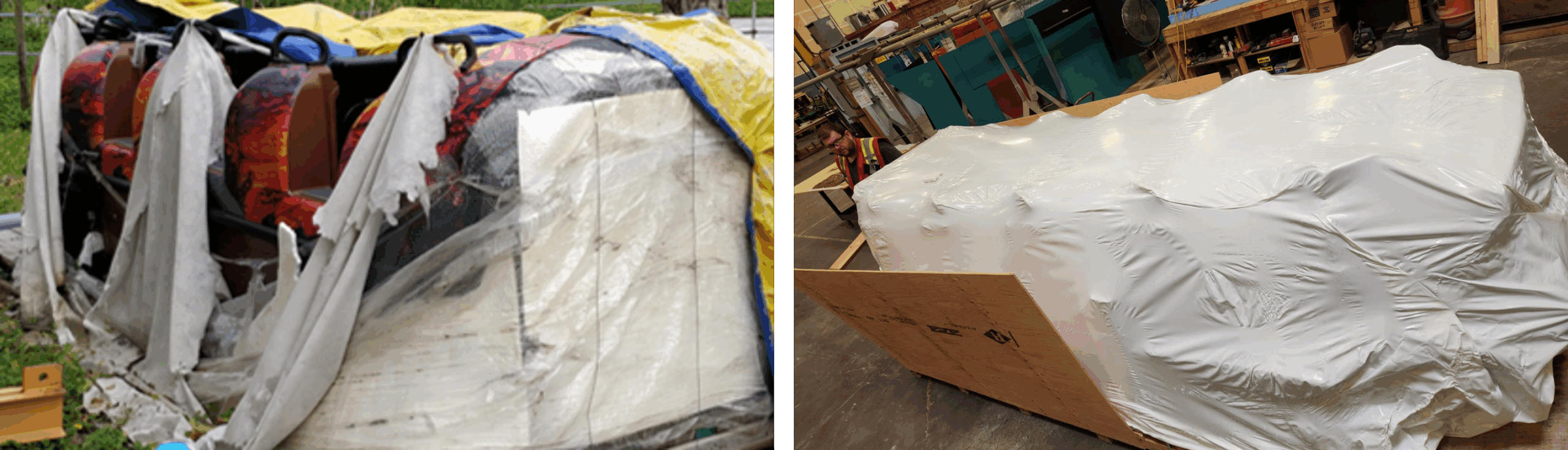 Left - bad tarping job, right - shrink wrapping