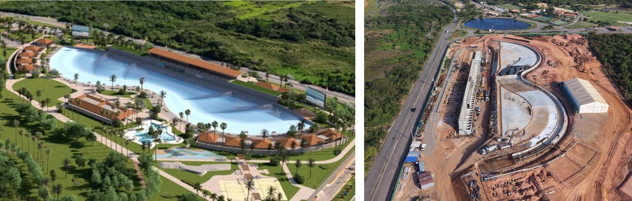 Surf lagoon render and construction progress photo
