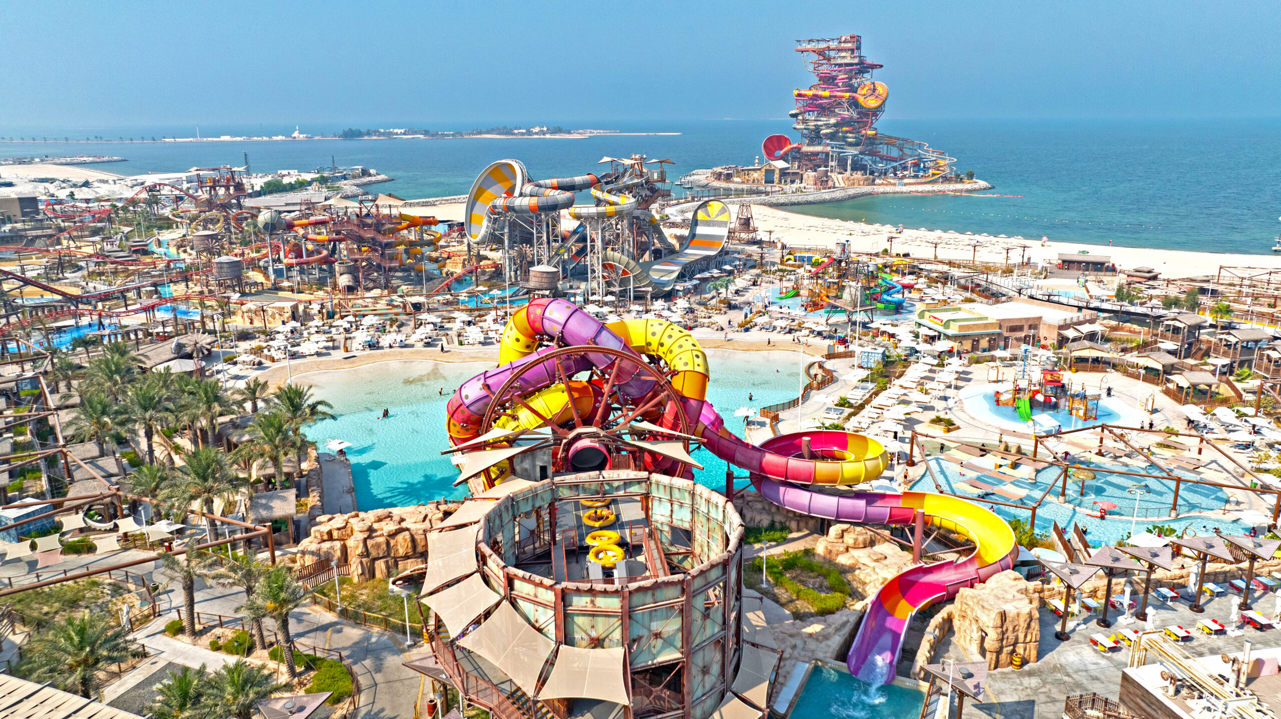 SlideWheel in the foreground with the Icon Tower in the background at Meryal Water Park