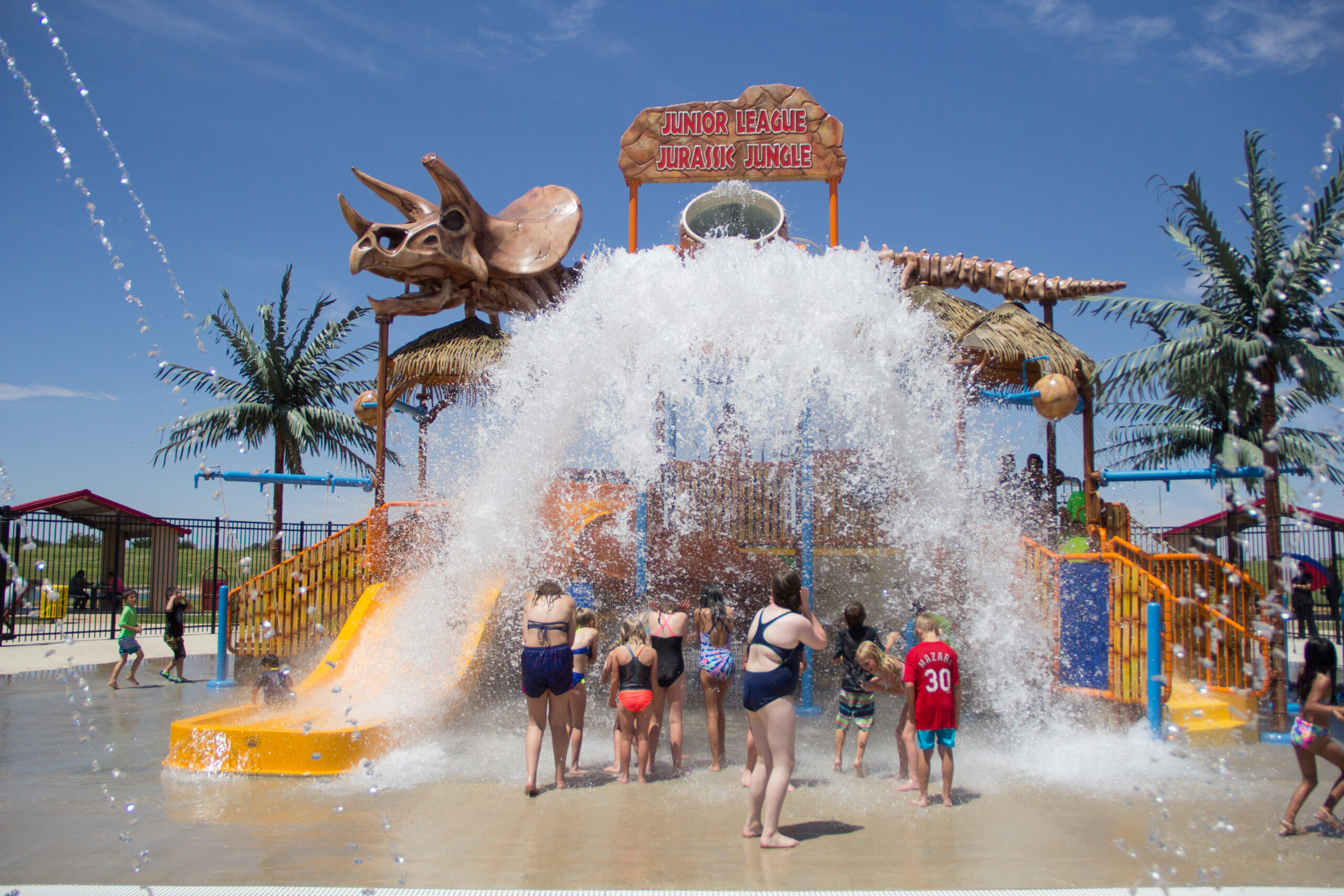 Tipping bucket soaking kids at the AquaPlay 550, University of Texas of the Permian Basin (UTPB), Odessa, Texas