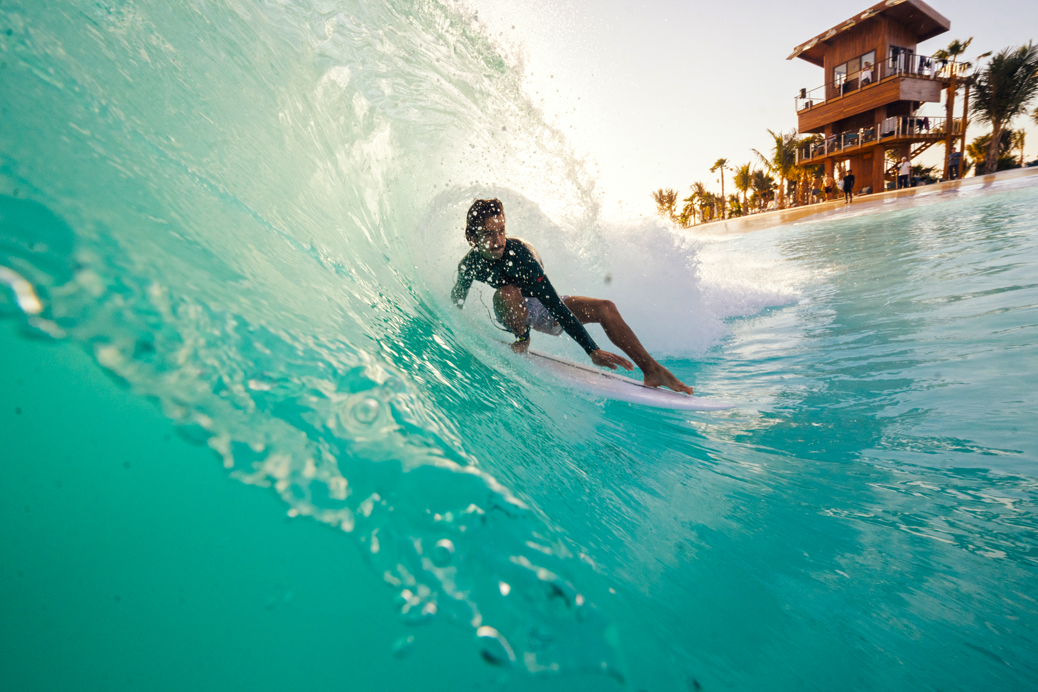 Surfer carving a wave at Endless Surf, Adrena at The Red Sea, Saudi Arabia