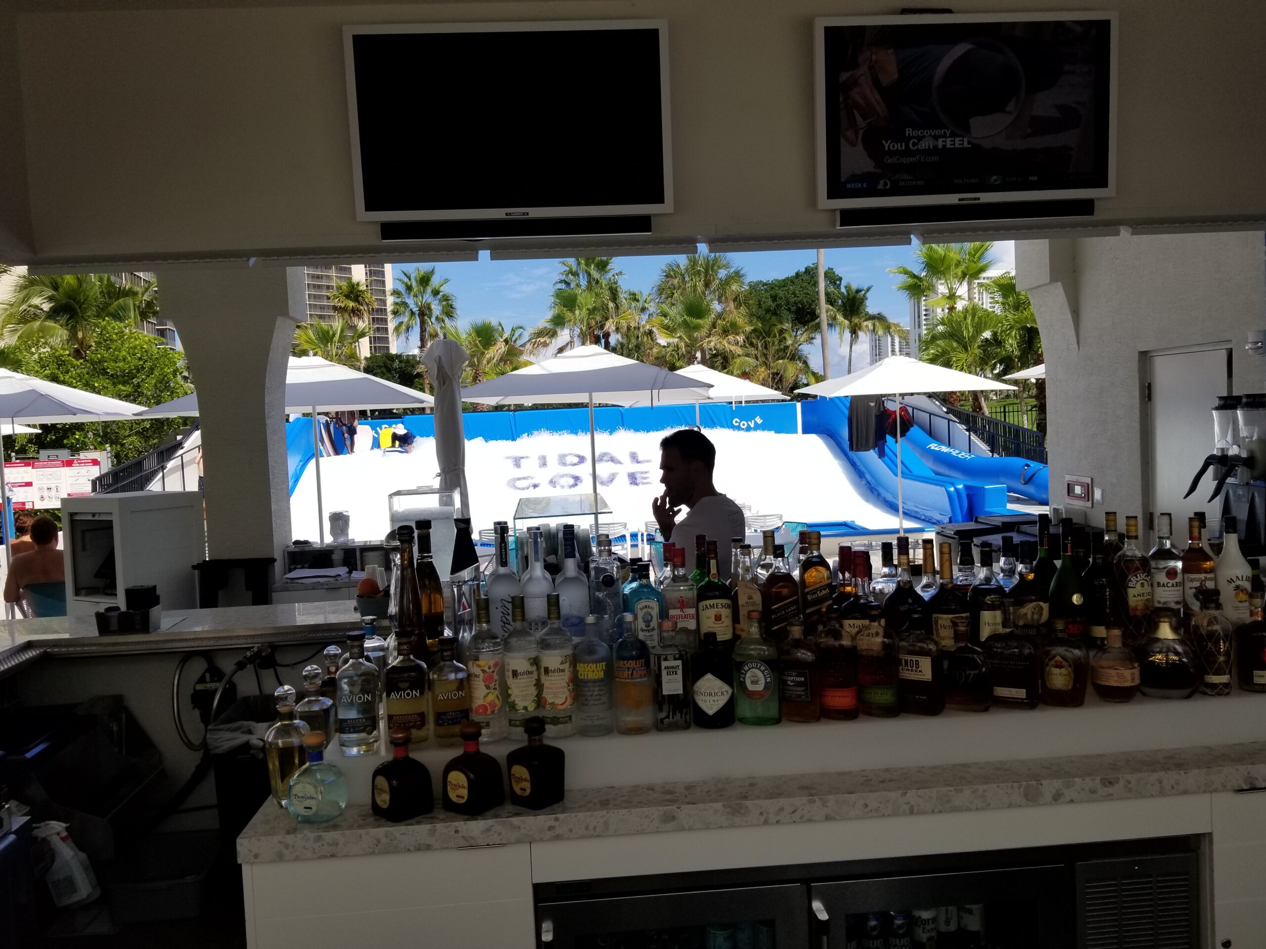 View through the bar of the FlowRider Triple at Tidal Cove