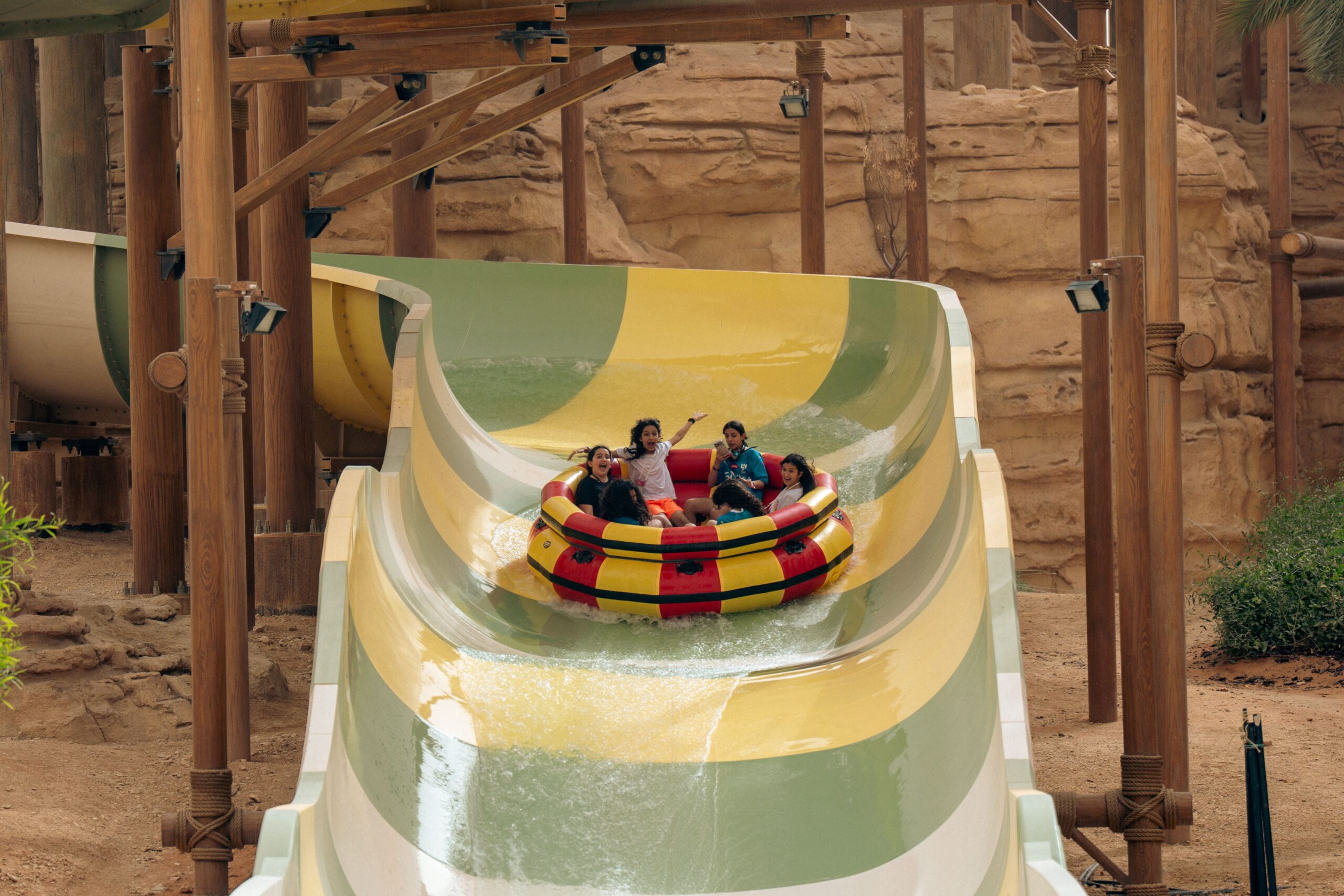 A spinning rapids ride down the flume