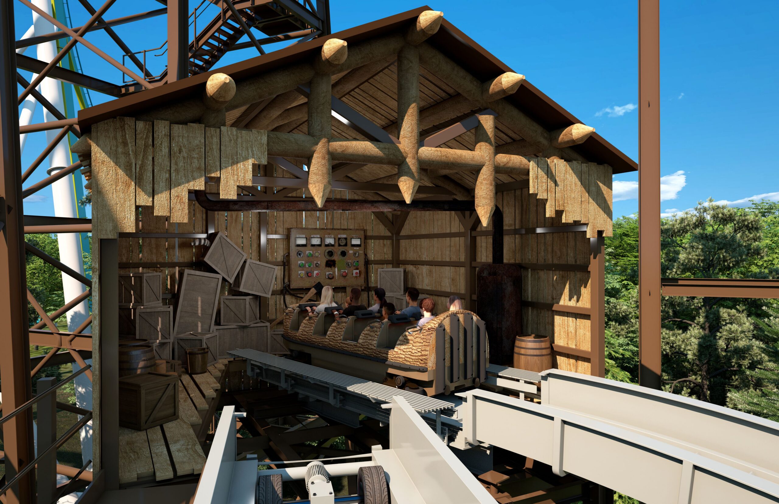 Render of a Super Flume ride with rotary track switch