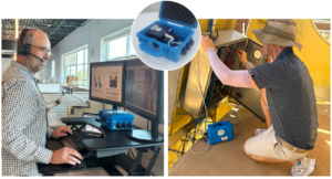 Water park operator remotely connecting with engineer through a box