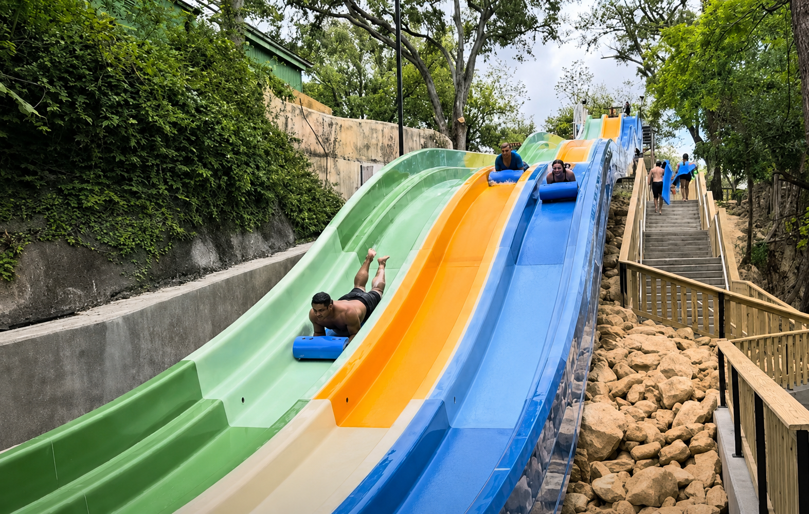 A mat racer water slide with 3 lanes