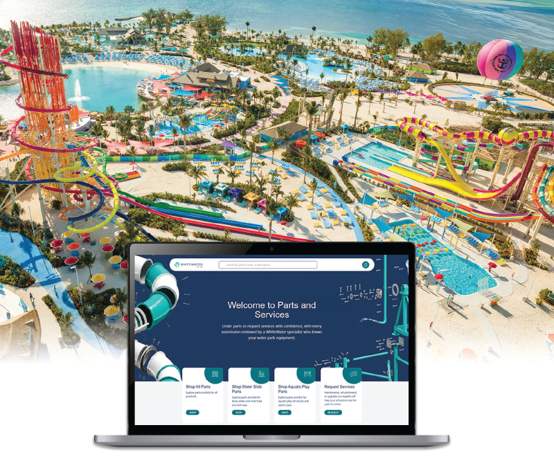 A laptop screen against a backdrop of a water park