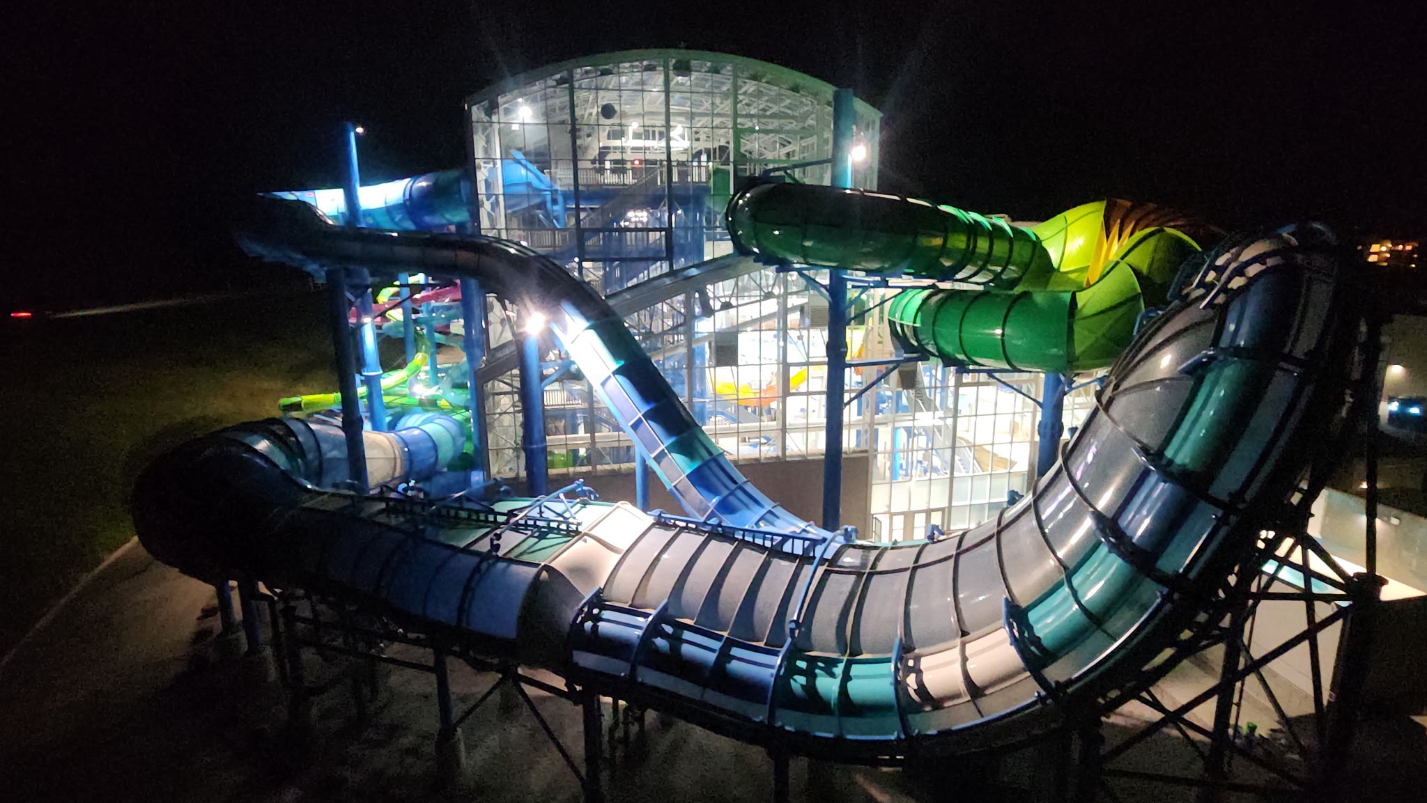 Night view of covered wall ride from the outside